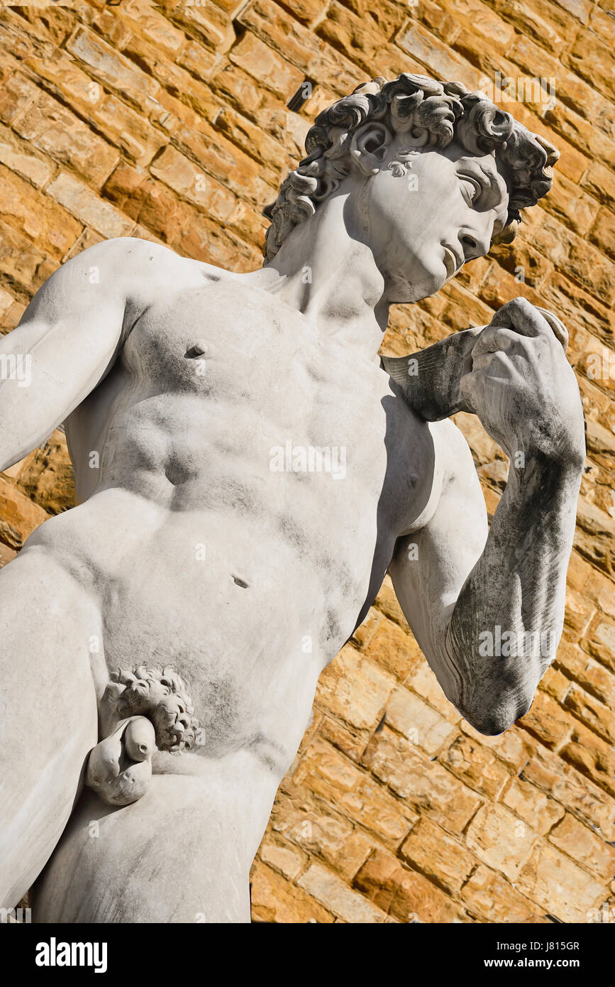 Italie, Toscane, Florence, Piazza della Signoria, réplique de la célèbre statue de David de Michel-Ange, avec le Palazzo Vecchio comme arrière-plan. Banque D'Images