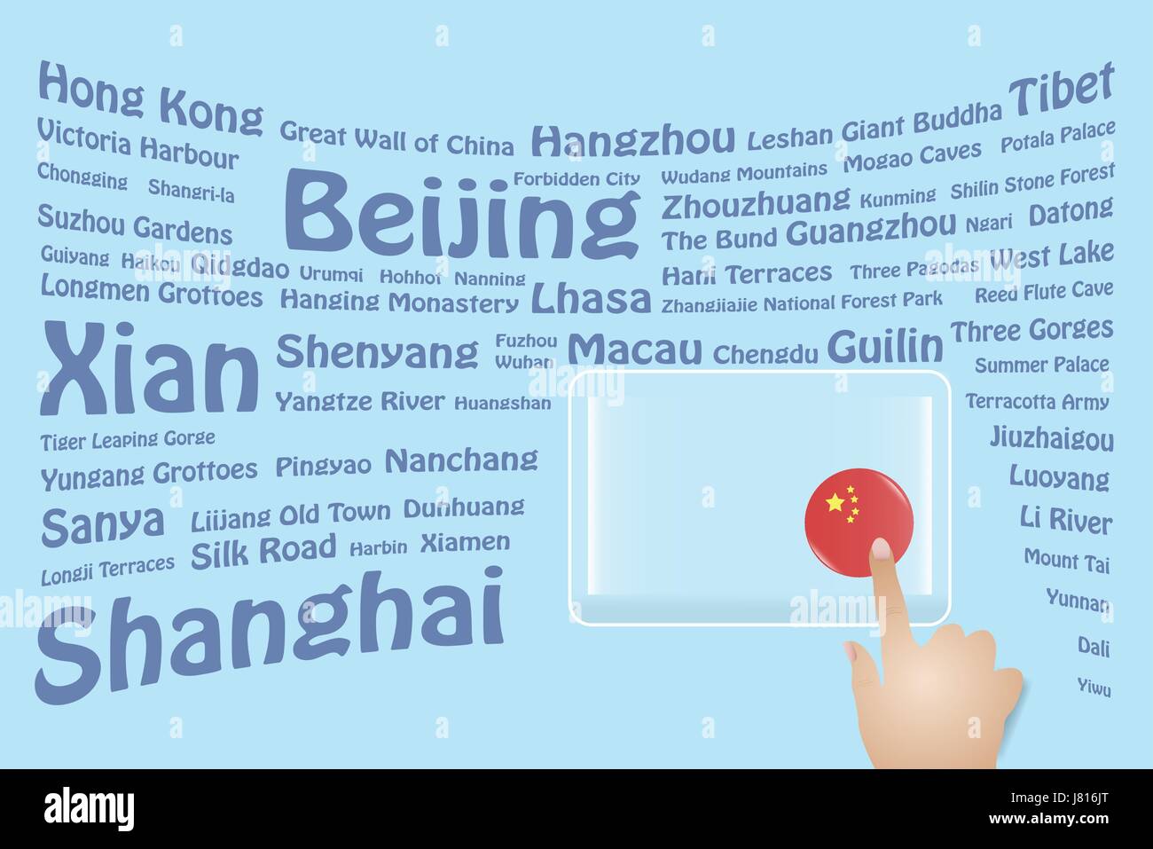 Poignée de commande touche un drapeau chinois ronde sur un écran transparent. Le bleu se pencha noms des sites chinois sont dans l'arrière-plan. Place gratuite pour votre t Illustration de Vecteur
