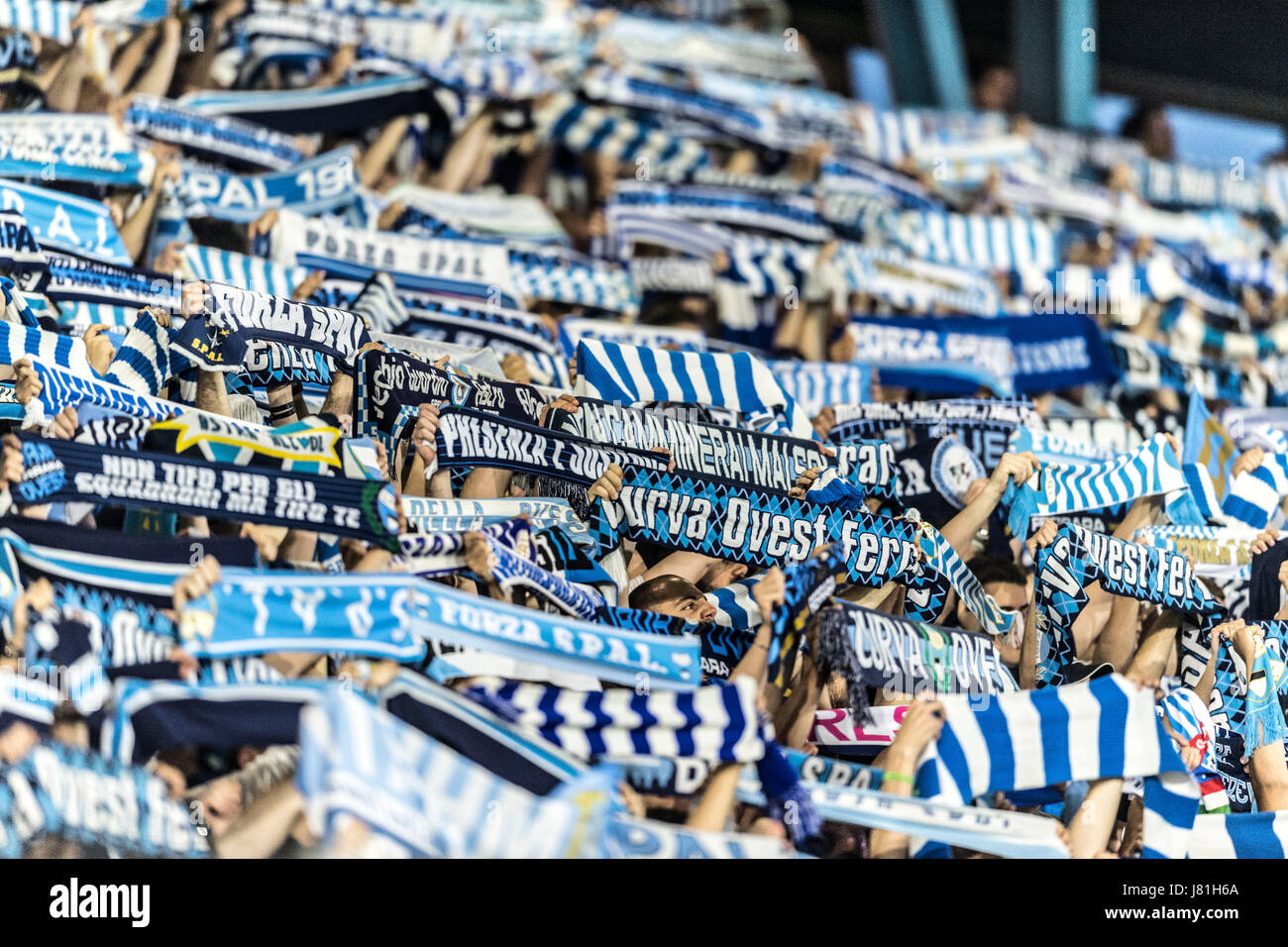 Ferrara, Italy. 18th May, 2017. Nicolas Giani (SPAL) Football/Soccer :  Nicolas Giani of SPAL celebrates their league title with the trophy after  the Italian Serie B match between SPAL 2-1 FC Bari