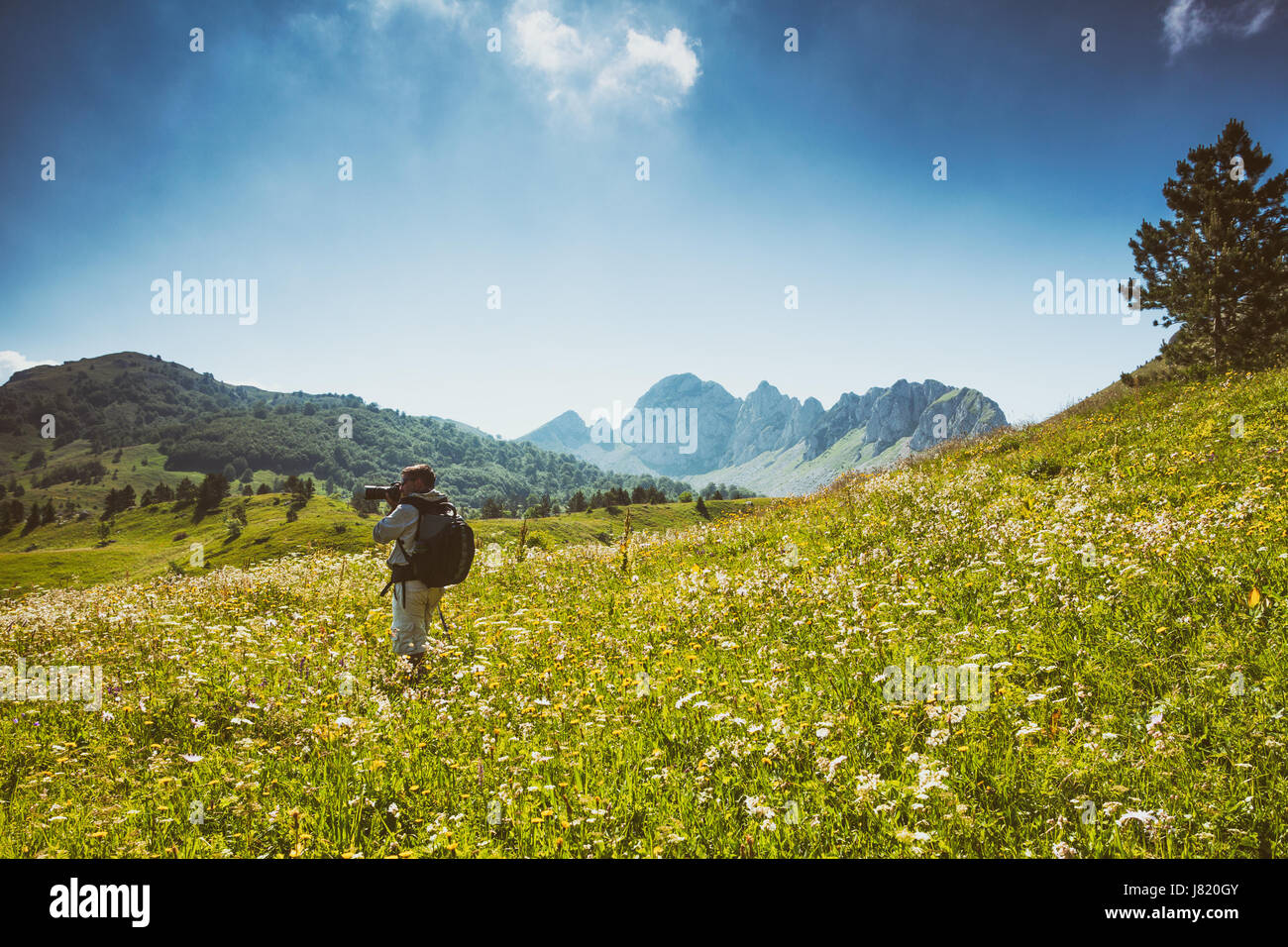 Photographe à prendre des photos en montagne en été. Banque D'Images