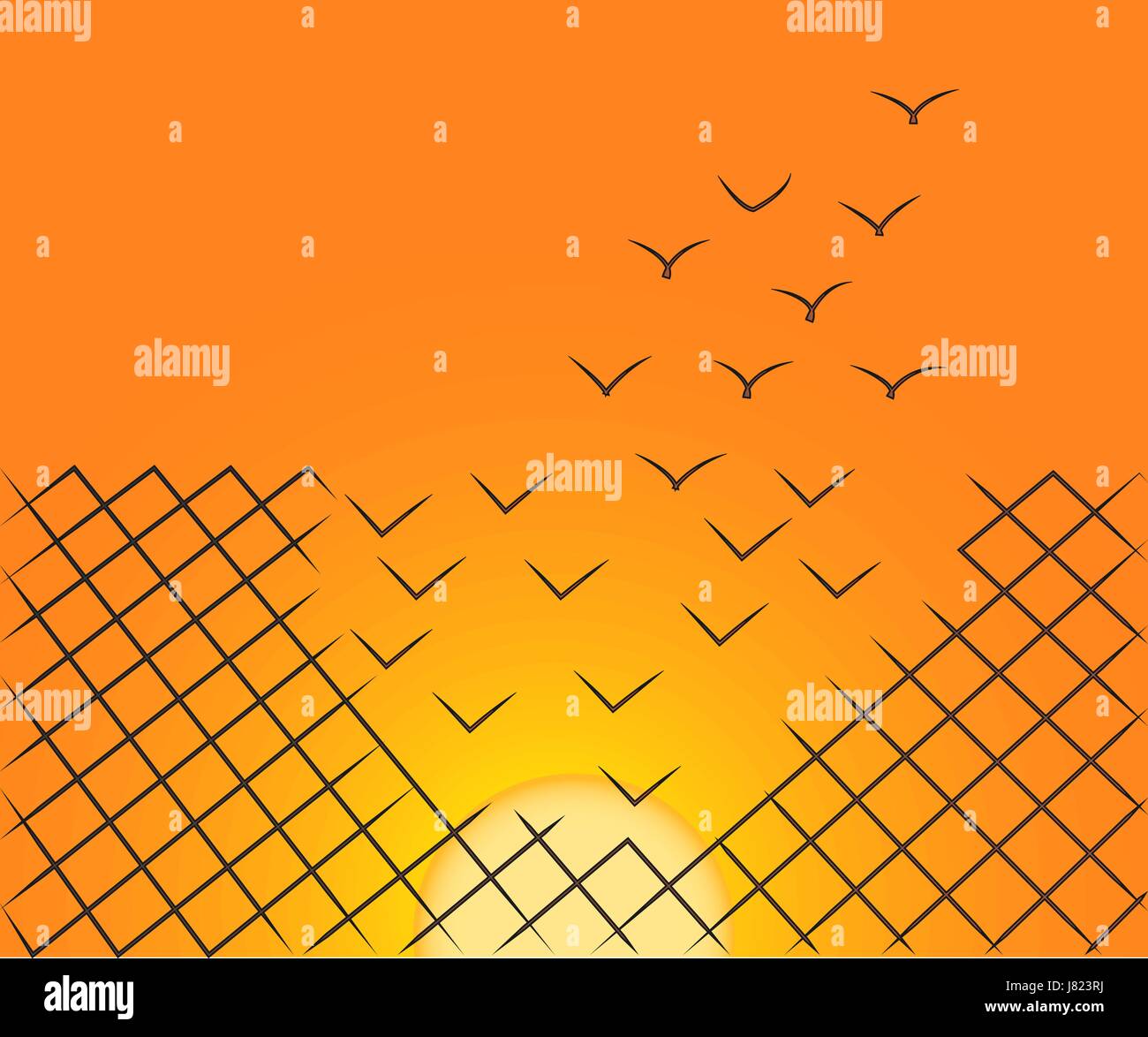 Vector illustration d'un wire mesh fence se transforment en oiseaux volant loin sur le Ciel de coucher du soleil. Liberté, de courage et de succès concept. Illustration de Vecteur
