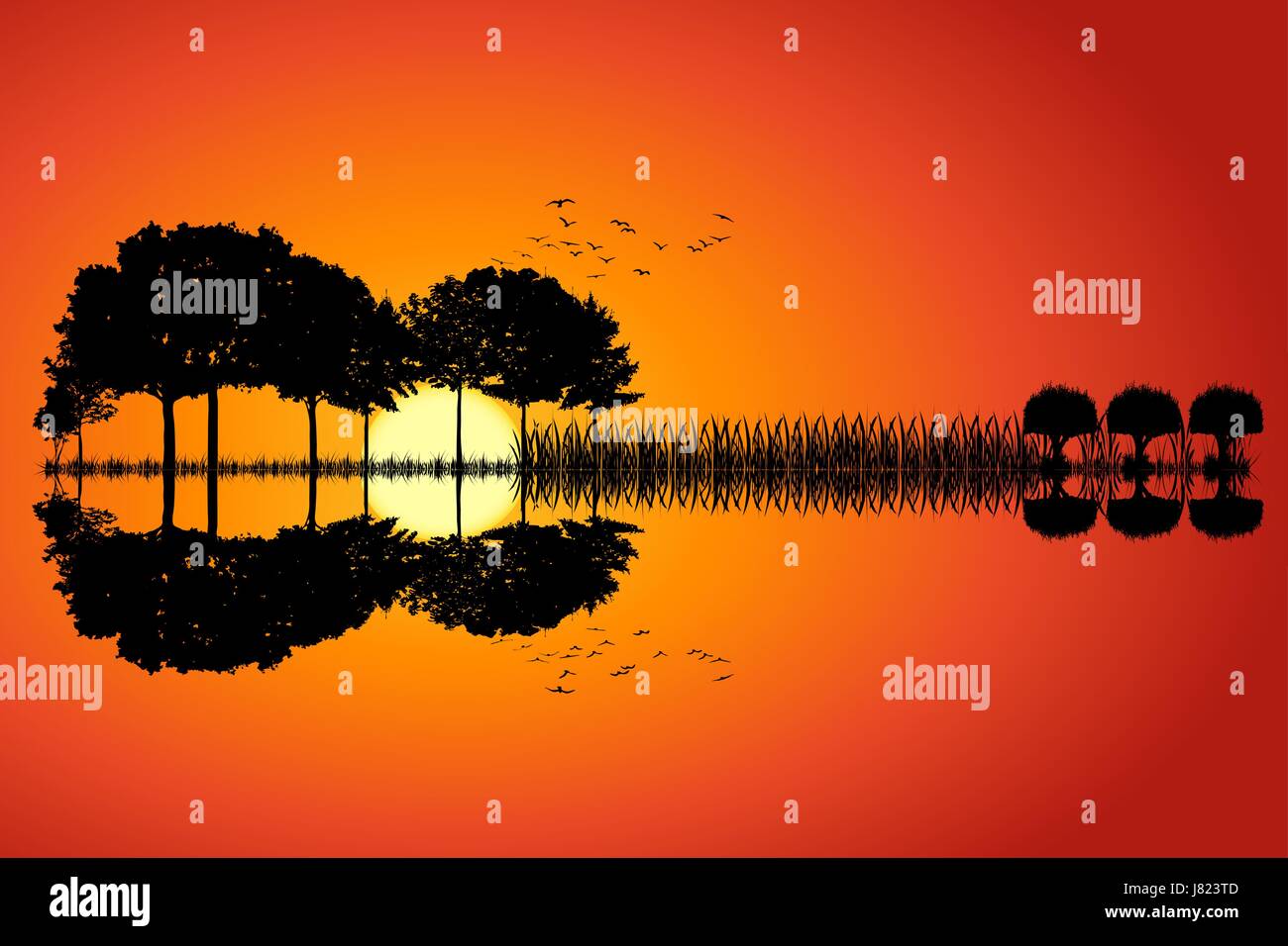 Arbres disposés en forme d'une guitare sur un fond coucher de soleil. L'île de musique avec une guitare reflet dans l'eau. Conception d'illustration vectorielle. Illustration de Vecteur