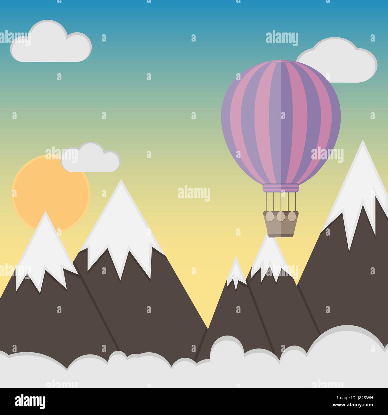 Ballon à air chaud violet survolant les montagnes. Modèle plat, vector illustration. Illustration de Vecteur