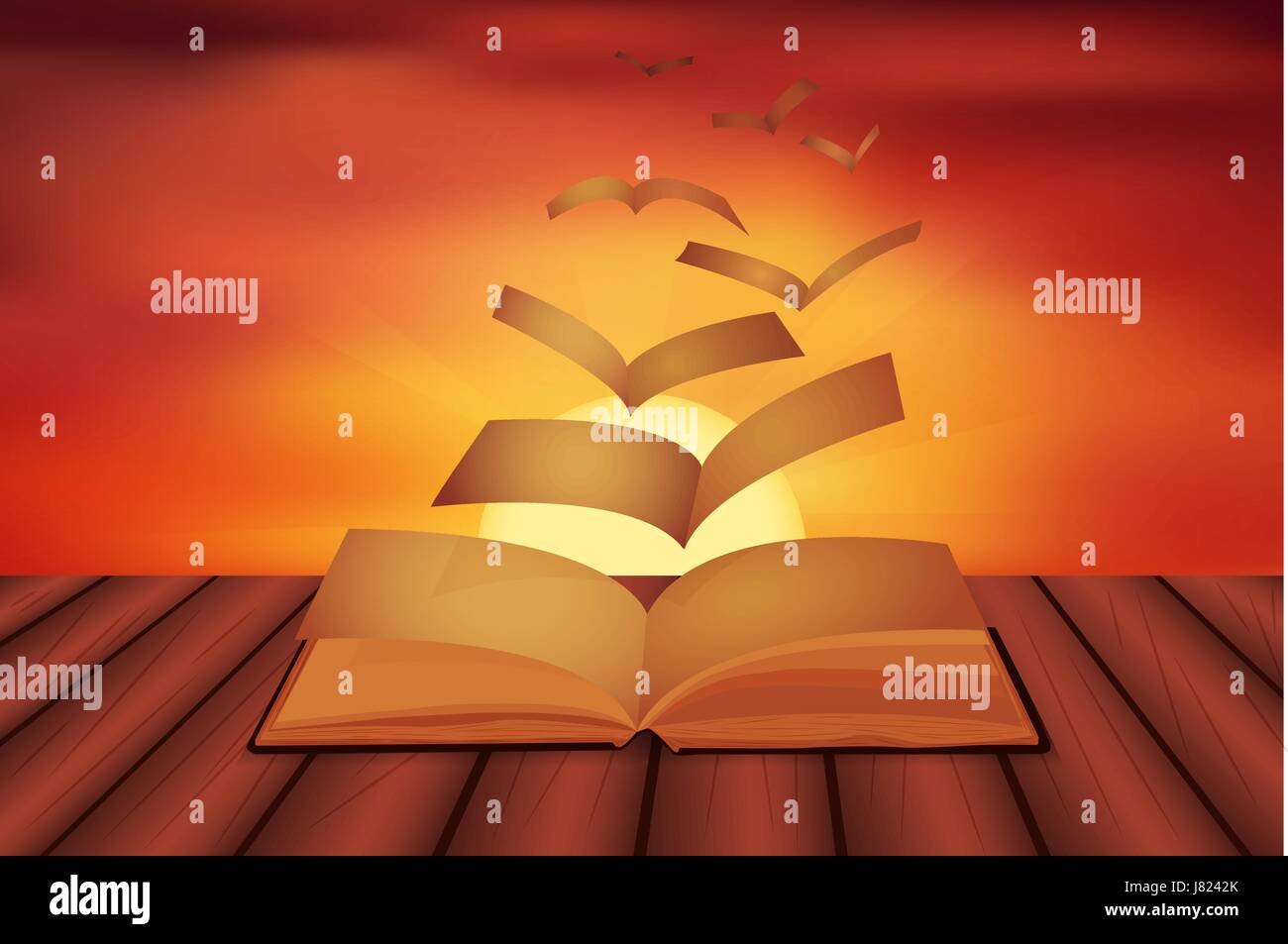 Vector illustration comme pages flying out d'un livre et se transformer en oiseaux, la magie s'échapper sur un fond coucher de soleil. Concept d'apprentissage et d'éducation. Illustration de Vecteur