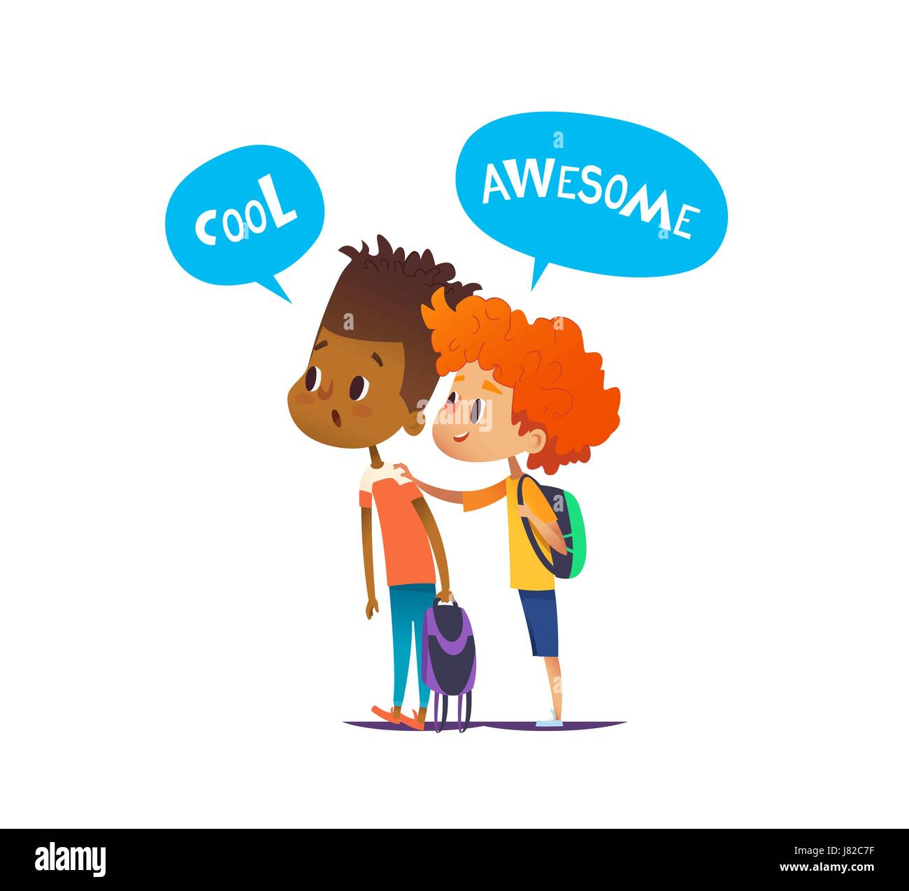 Deux garçons multiraciale avec sacs à dos se surpris et étonné. Paire d'amis de l'école chercher dans l'étonnement dans une direction. Vector illustration pour site web, bannières, publicité, Affiche, carte postale Illustration de Vecteur