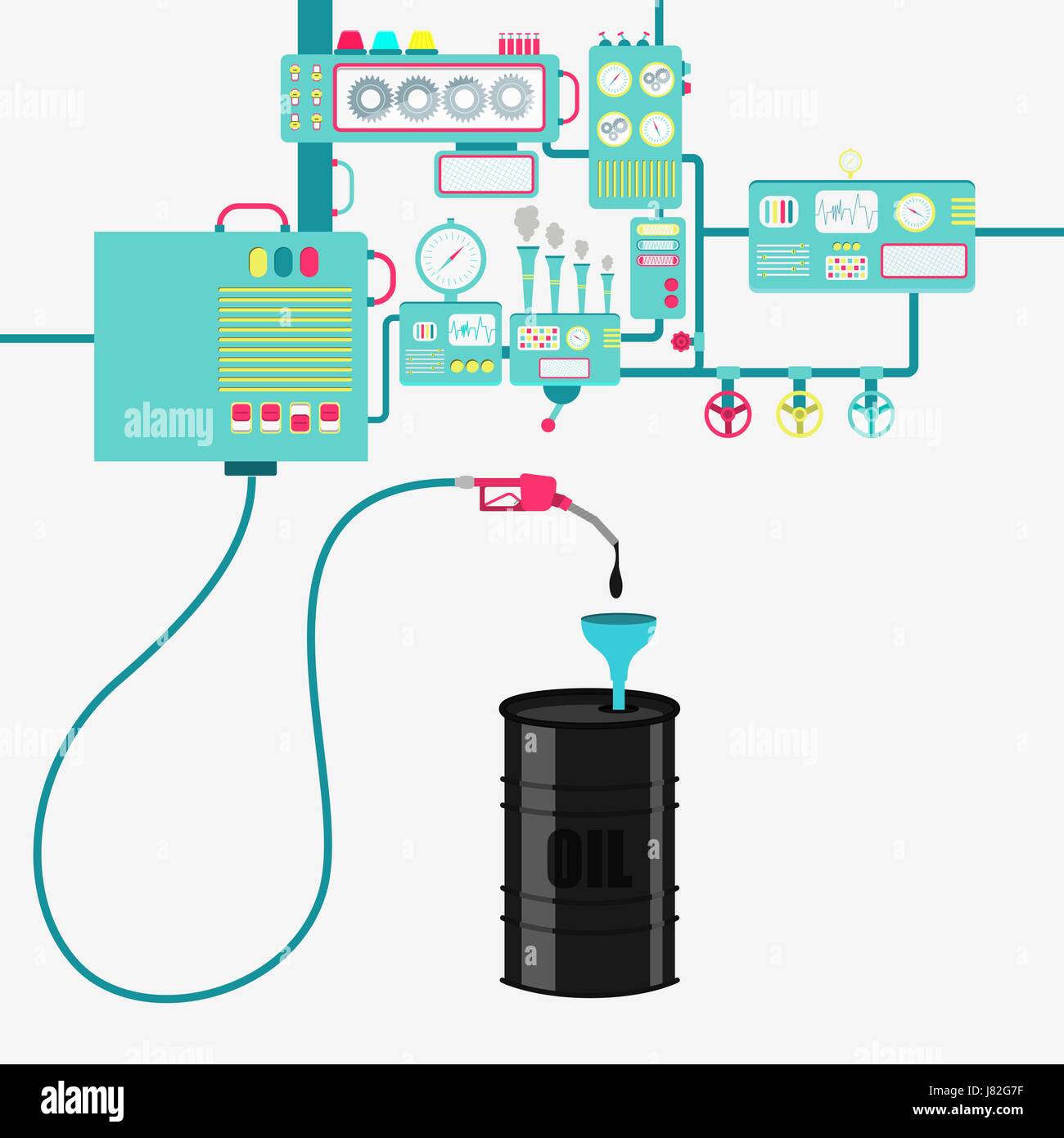 L'usine de machines et de ravitaillement en pétrole raffinage le baril. Le baril de pétrole étant comblé par une huile avec pompe à gaz. Illustration de Vecteur