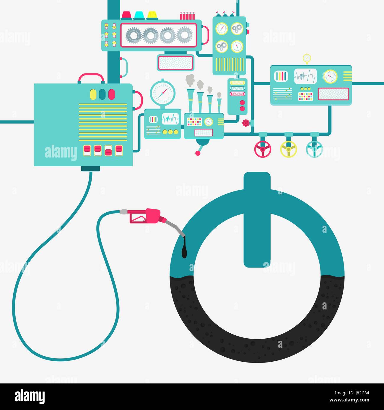 L'usine de machines et de ravitaillement en pétrole raffinage un bouton on / off signe. Symbole de bouton d'être rempli par un gaz d'huile avec pompe. Illustration de Vecteur