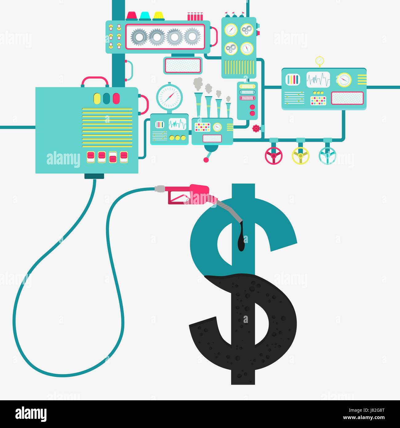 L'usine de machines et de ravitaillement en pétrole raffinage le signe dollar. De l'argent signe étant comblé par une huile avec pompe à gaz. Illustration de Vecteur