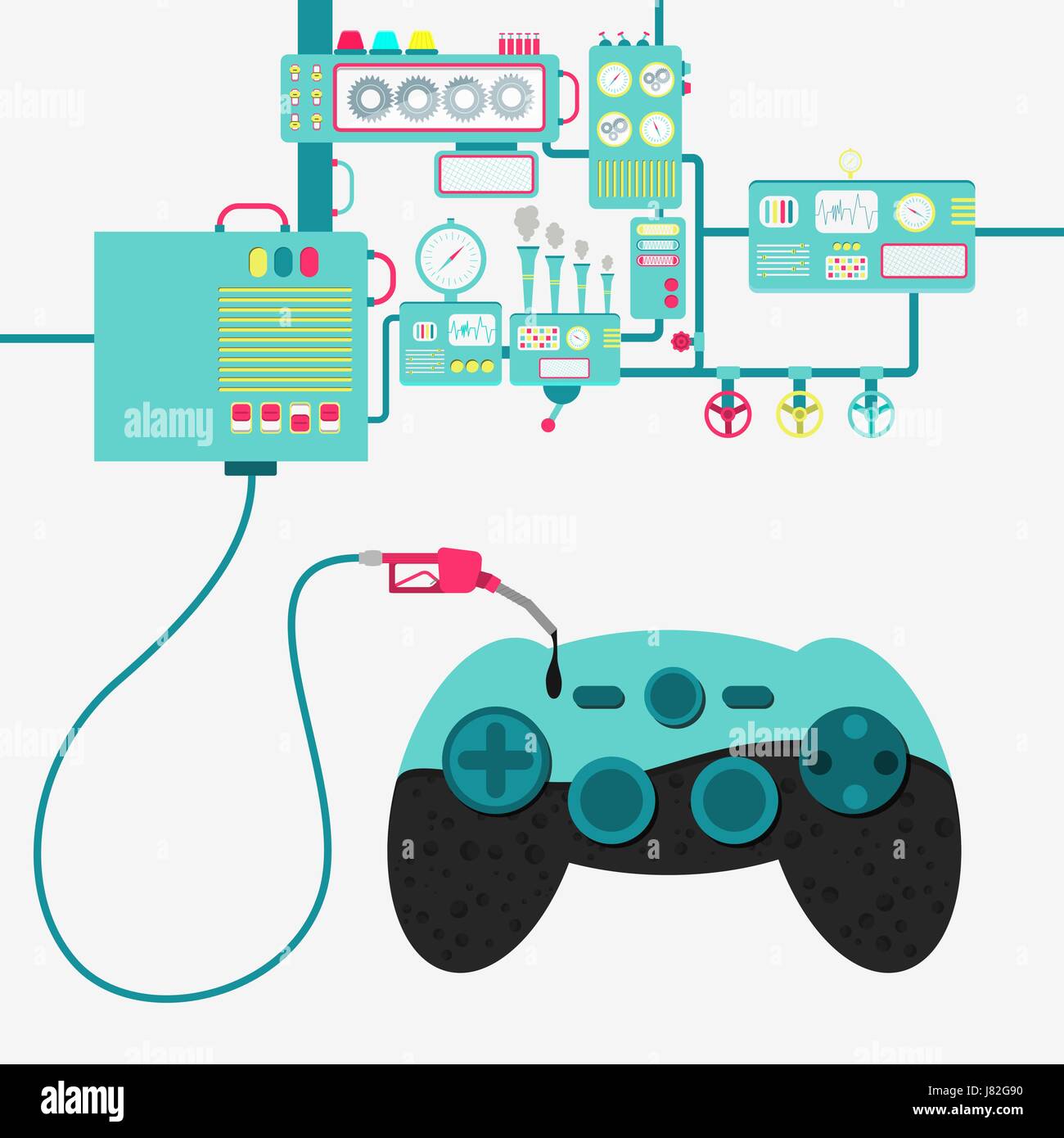L'usine de machines et de ravitaillement en pétrole raffinage une manette. Gamepad étant comblé par une huile avec pompe à gaz. Illustration de Vecteur