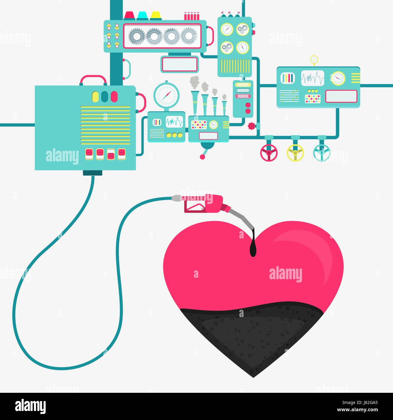 L'usine de machines et de ravitaillement en pétrole raffinage un coeur. Forme de coeur d'être rempli par un gaz d'huile avec pompe. Illustration de Vecteur