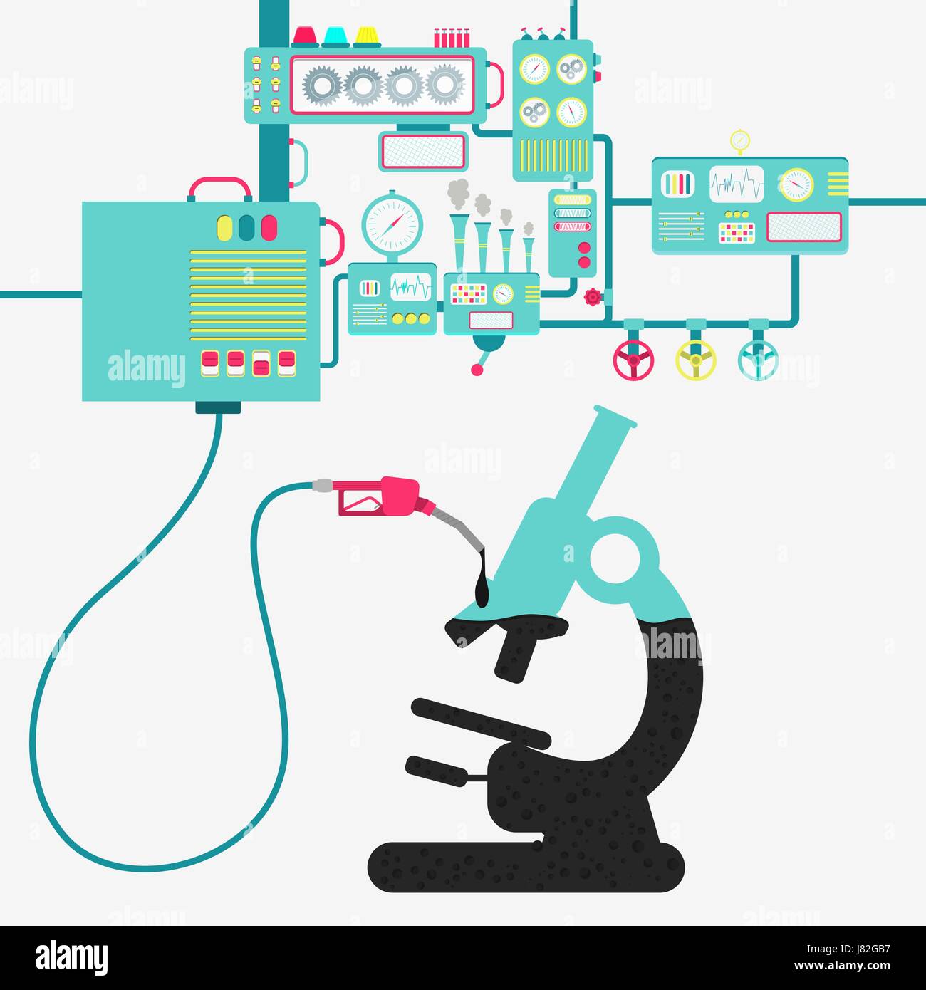 L'usine de machines et de ravitaillement en pétrole Raffinage d'un microscope. D'être rempli par un microscope l'huile avec pompe à gaz. Illustration de Vecteur