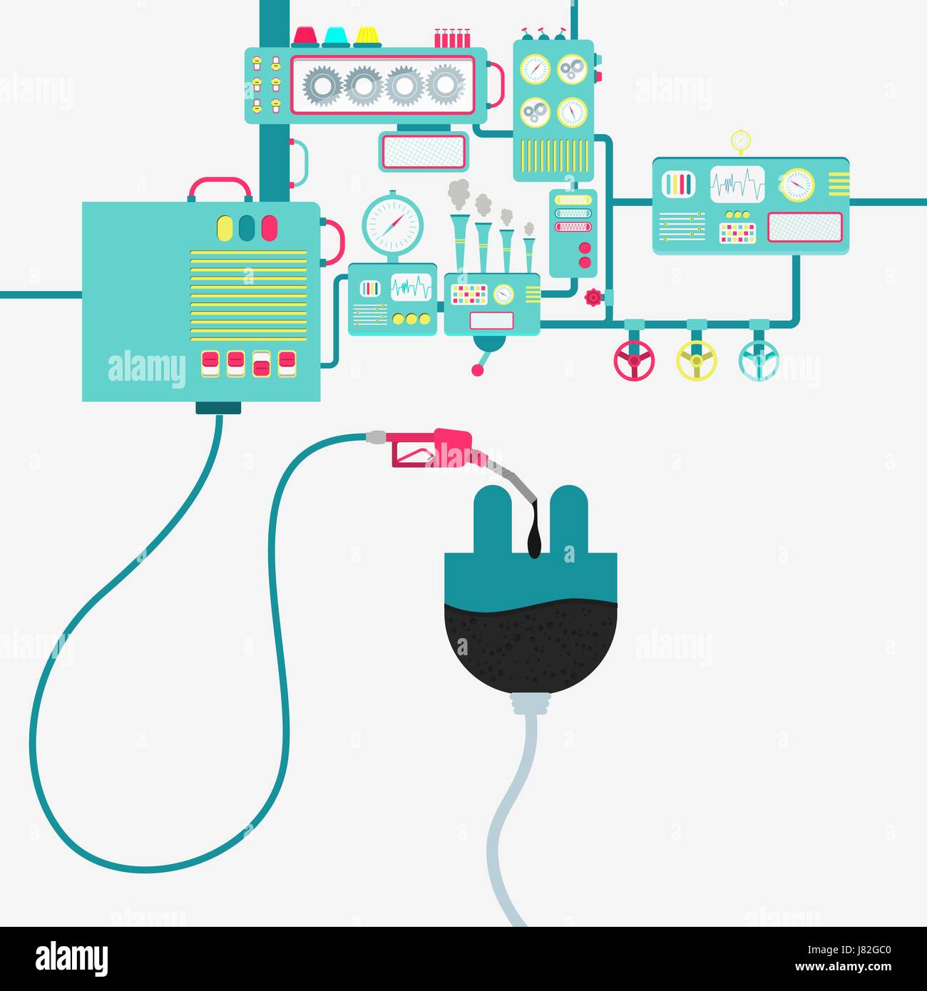 L'usine de machines et de ravitaillement en pétrole Raffinage d'un bouchon. Comblé par un bouchon de l'huile avec pompe à gaz. Illustration de Vecteur