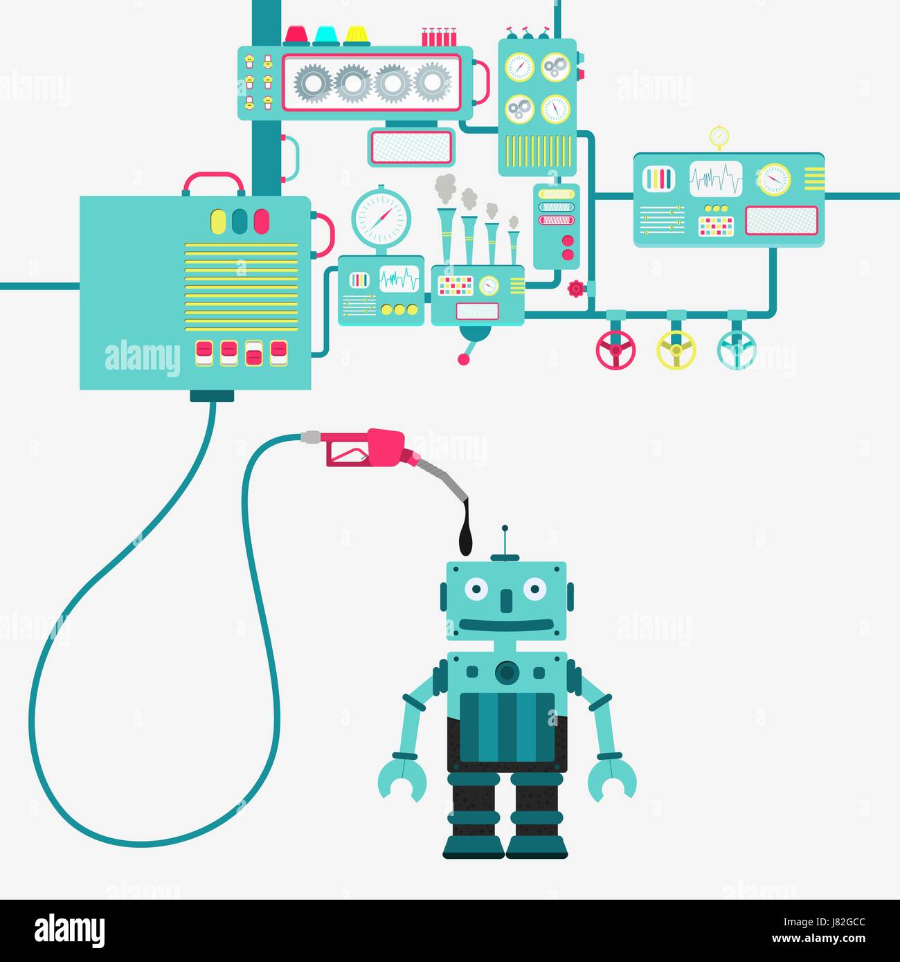 L'usine de machines et de ravitaillement en pétrole raffinage un robot. Robot d'être rempli par un gaz d'huile avec pompe. Illustration de Vecteur