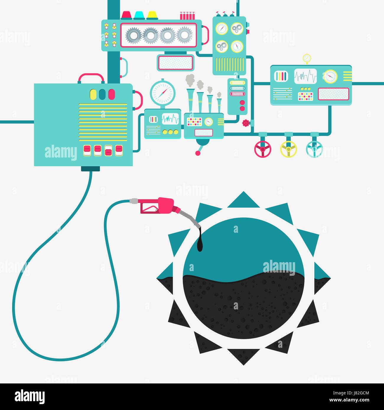 L'usine de machines et de ravitaillement en pétrole raffinage un symbole de soleil. Signe solaire d'être rempli par un gaz d'huile avec pompe. Illustration de Vecteur