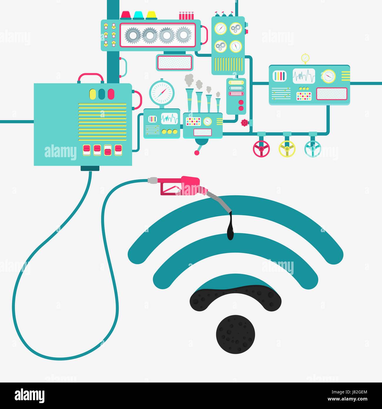 L'usine de machines et de ravitaillement en pétrole raffinage un signe. Connexion Wi-Fi au réseau local d'être rempli par un symbole de l'huile avec pompe à gaz. Illustration de Vecteur