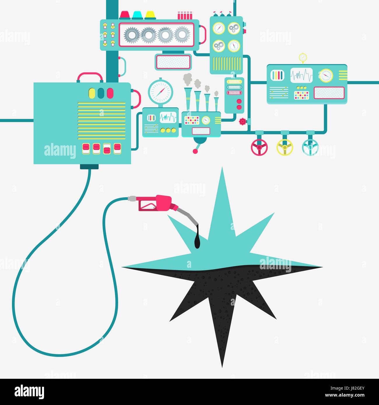 L'usine de machines et de ravitaillement en pétrole raffinage une rose des vents. Rose des vents d'être rempli par un gaz d'huile avec pompe. Illustration de Vecteur