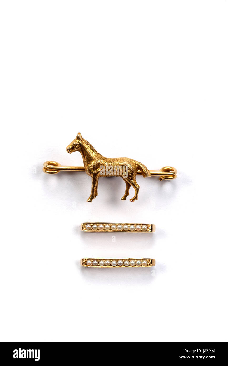 Seed pearl épingles de cravate et une broche broche cheval d'or Photo Stock  - Alamy