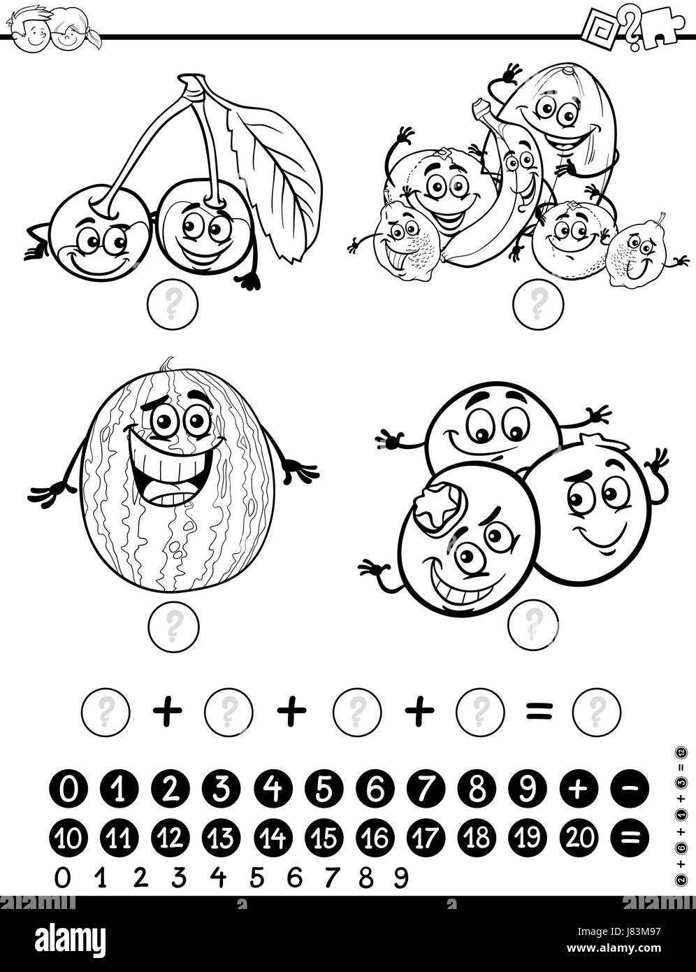 Illustration Cartoon noir et blanc d'activité mathématique jeu pour les enfants avec des aliments Fruits Caractères Objet Page à colorier Illustration de Vecteur