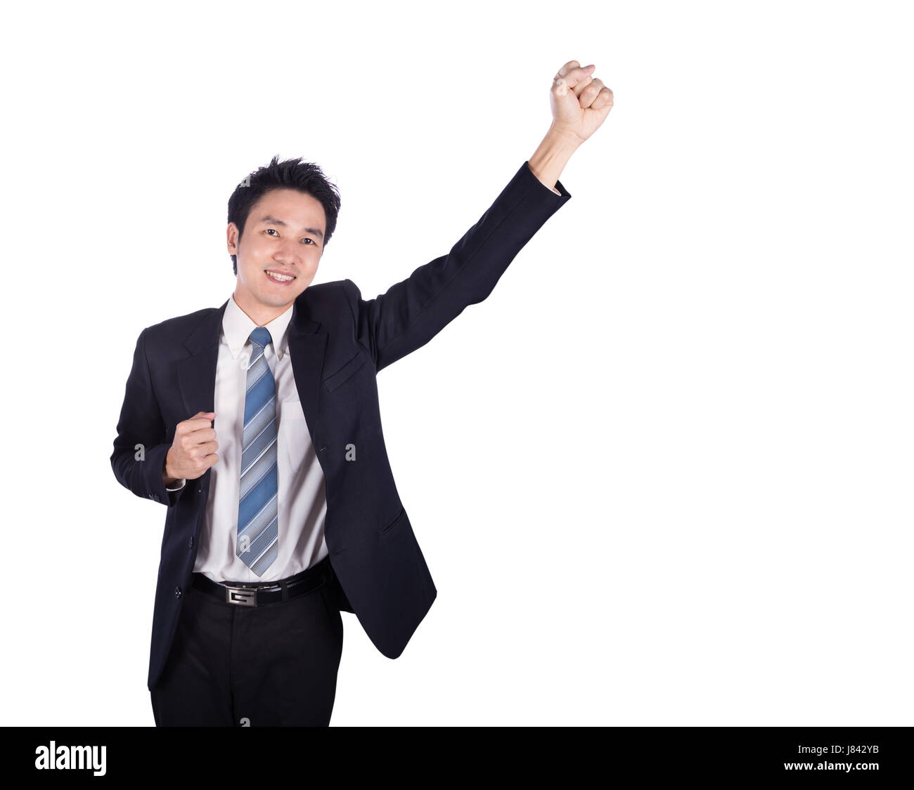 Succès d'affaires en gardant les bras soulevé isolé sur fond blanc Banque D'Images