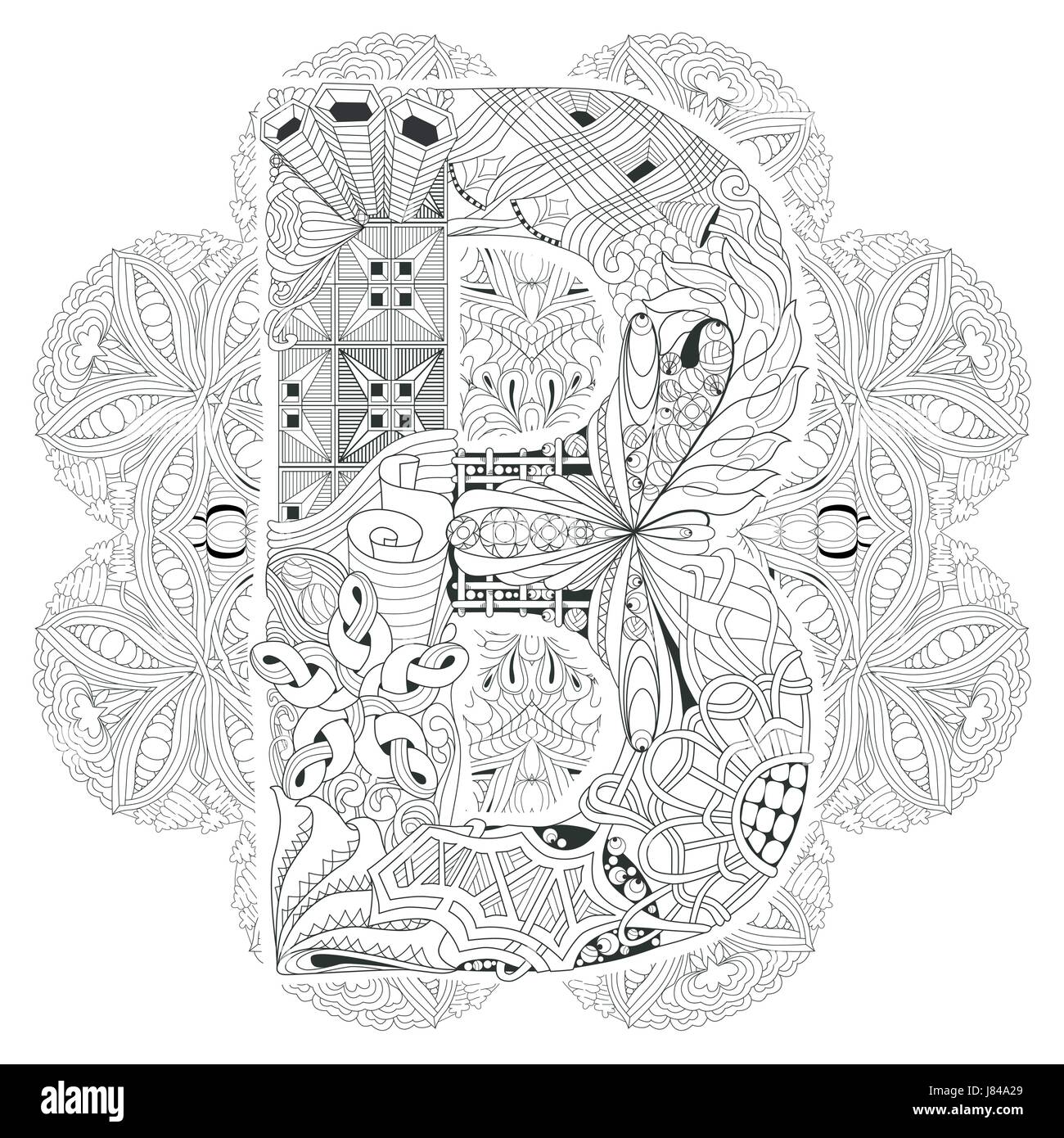 La conception de l'art peint à la main. Anti-stress adultes page à colorier. Noir et blanc illustration dessiné à la main avec la lettre B pour mandala Coloring Book Illustration de Vecteur