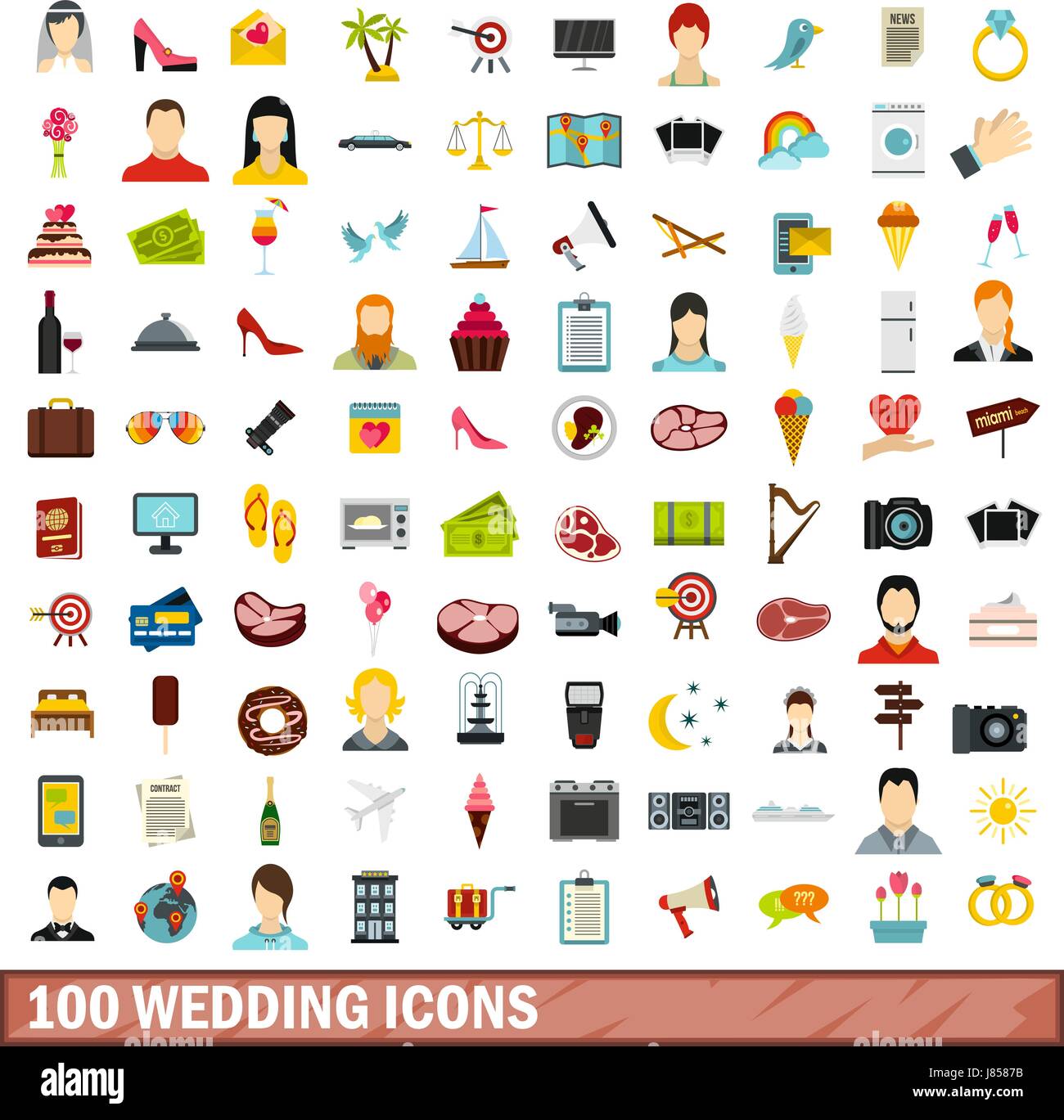 100 icônes de mariage, style plat Illustration de Vecteur