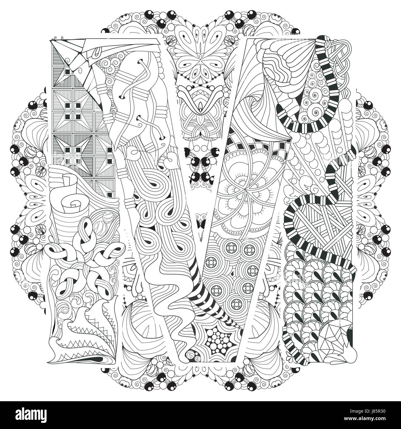 La conception de l'art peint à la main. Anti-stress adultes page à colorier. Noir et blanc illustration dessiné à la main avec mandala lettre M pour Coloring Book Illustration de Vecteur
