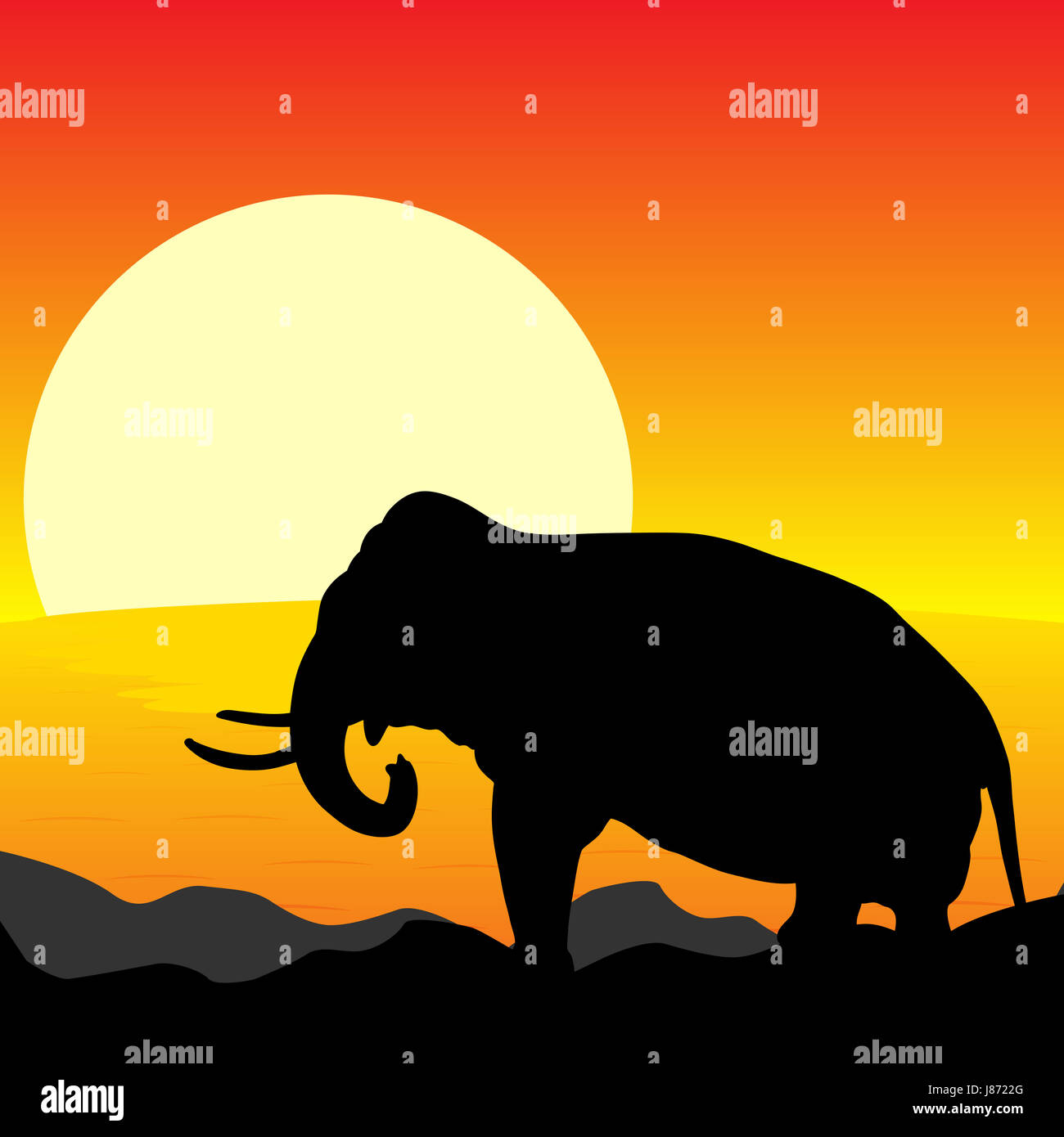 Coucher du soleil, l'Afrique, l'éléphant, l'illustration, de la faune, silhouette, voyage, arbre, Banque D'Images