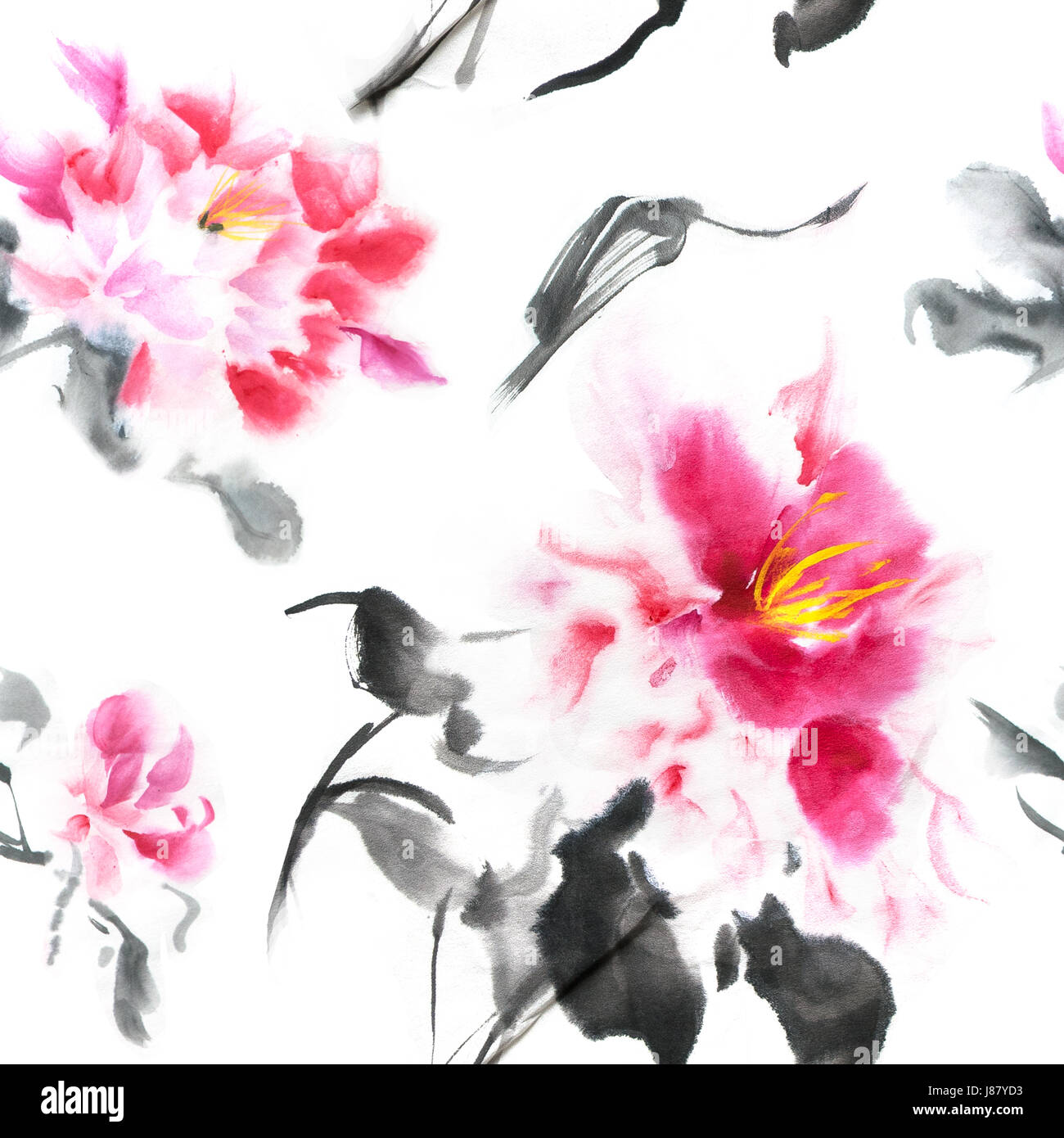 Beau motif transparent avec pivoines rose peint avec de l'encre dans le style japonais. Papier peint à l'aquarelle fleurs sur fond blanc. Illustration pour le tissu imprimé, toile, papier d'emballage Banque D'Images