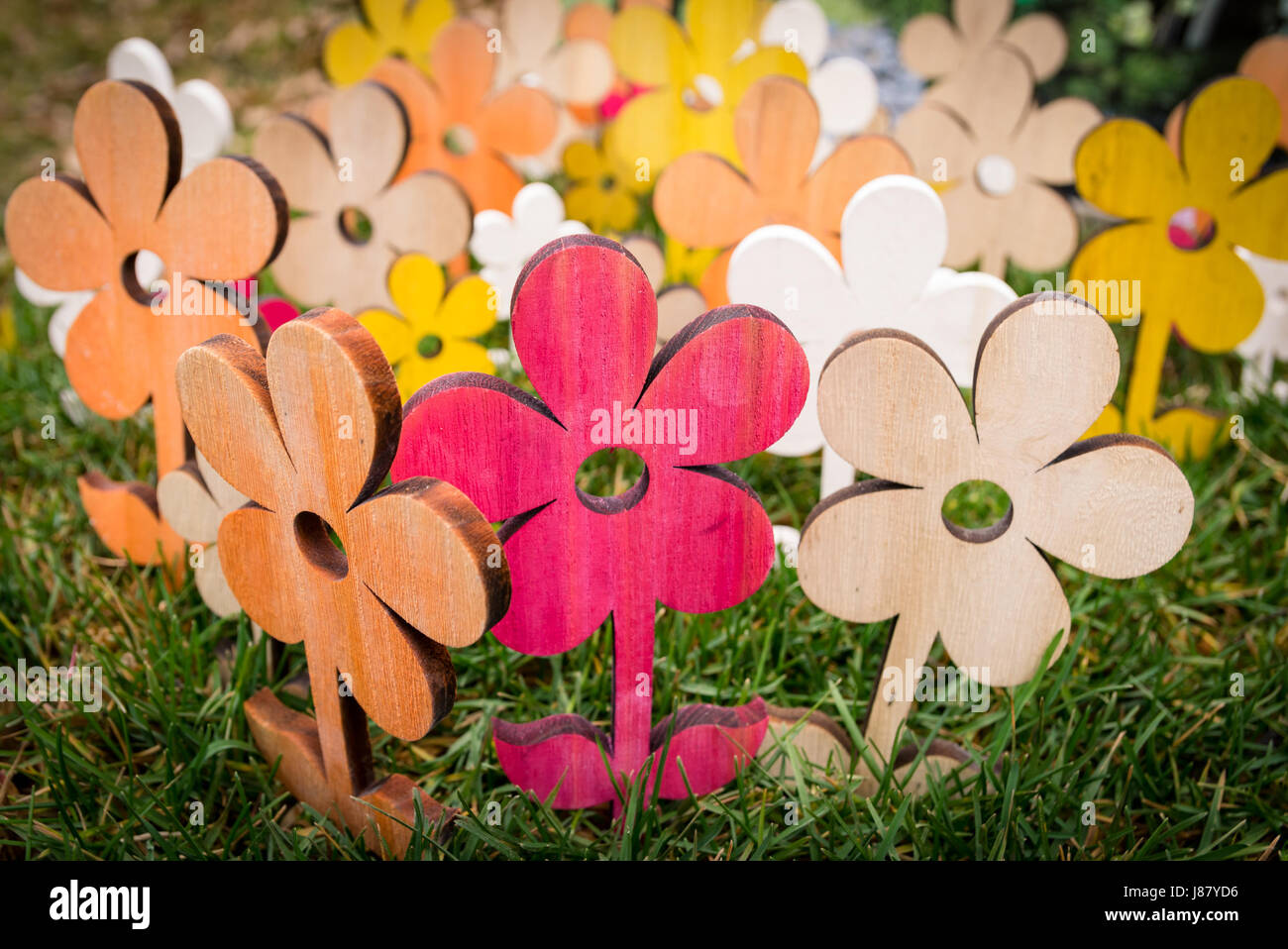 Composition de fleurs en bois plantés dans l'herbe. Banque D'Images