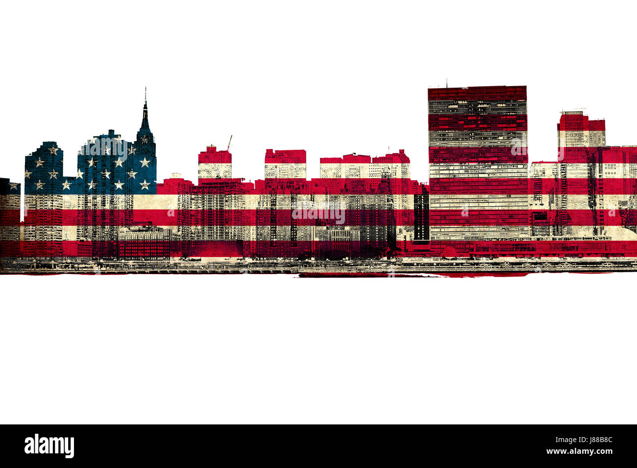 New York City skyline avec drapeau américain overlay.Vue de l'Empire State Building, UN builoding Banque D'Images