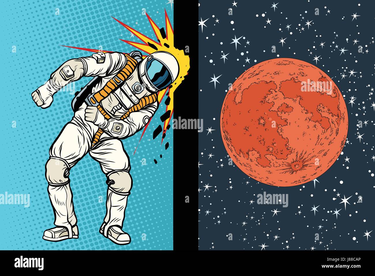 Cosmonaut frappe la tête contre le mur. Un rêve d'être sur Mars Illustration de Vecteur