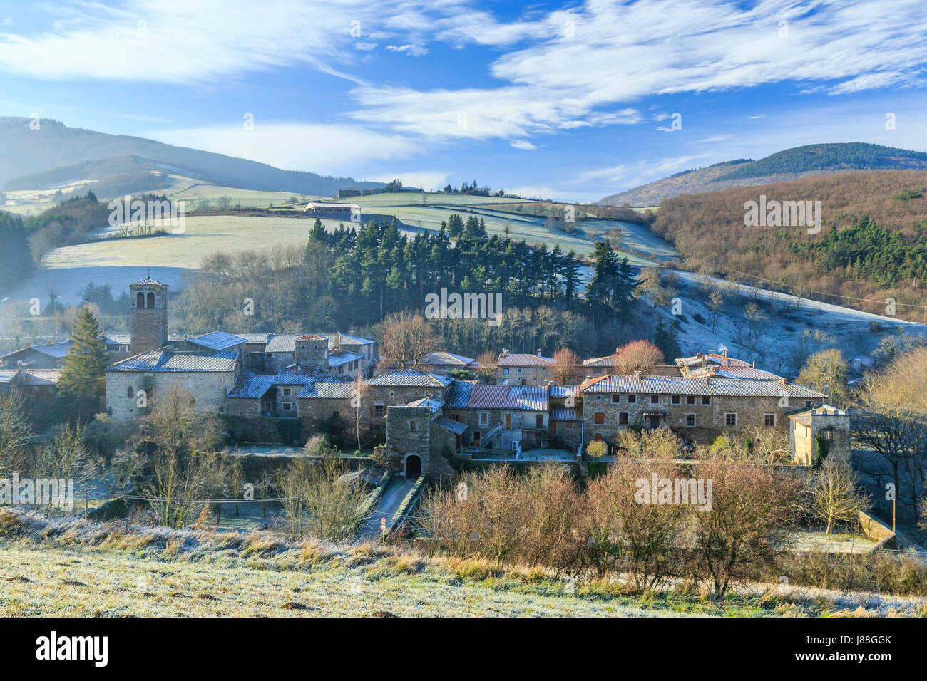 France, Loire, Sainte Croix en Jarez, étiqueté Les Plus Beaux Villages de France (Les Plus Beaux Villages de France), en hiver Banque D'Images