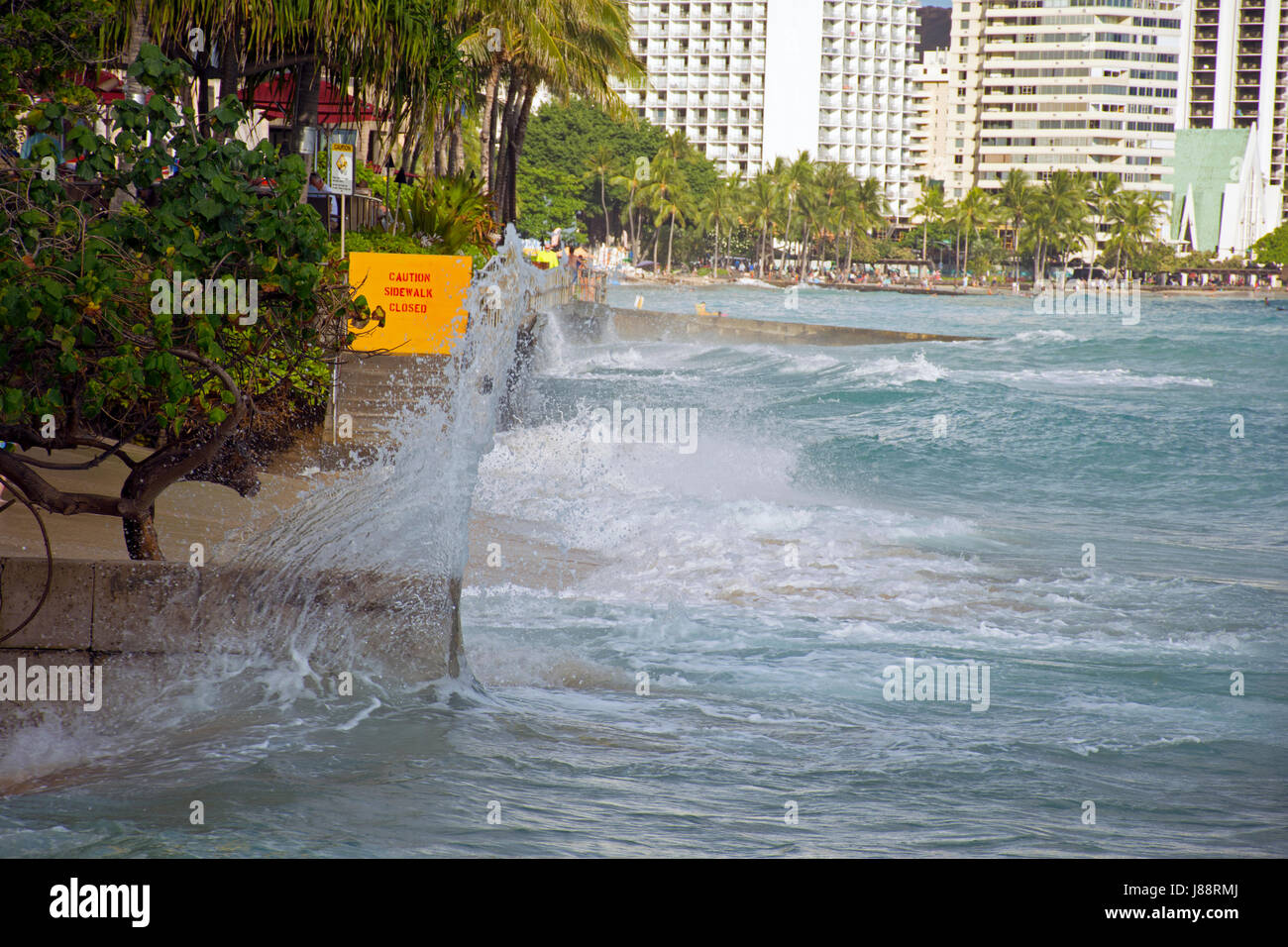 Enregistrer la marée haute ou de grandes marées à Waikiki Beach en mai 2017, Oahu, Hawaii Banque D'Images