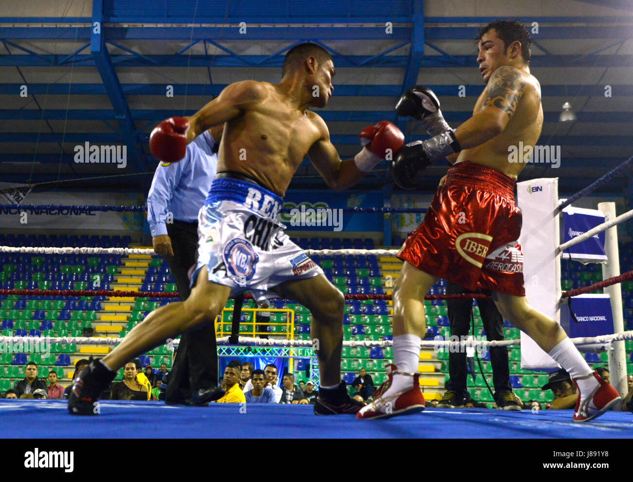 René Gonzalez du Nicaragua les vents jusqu'à punch au Costa Rica, l'Tiquito' 'Bryan Vasquez au cours de la monde de la WBA Super Featherweight Championship à San José, Banque D'Images
