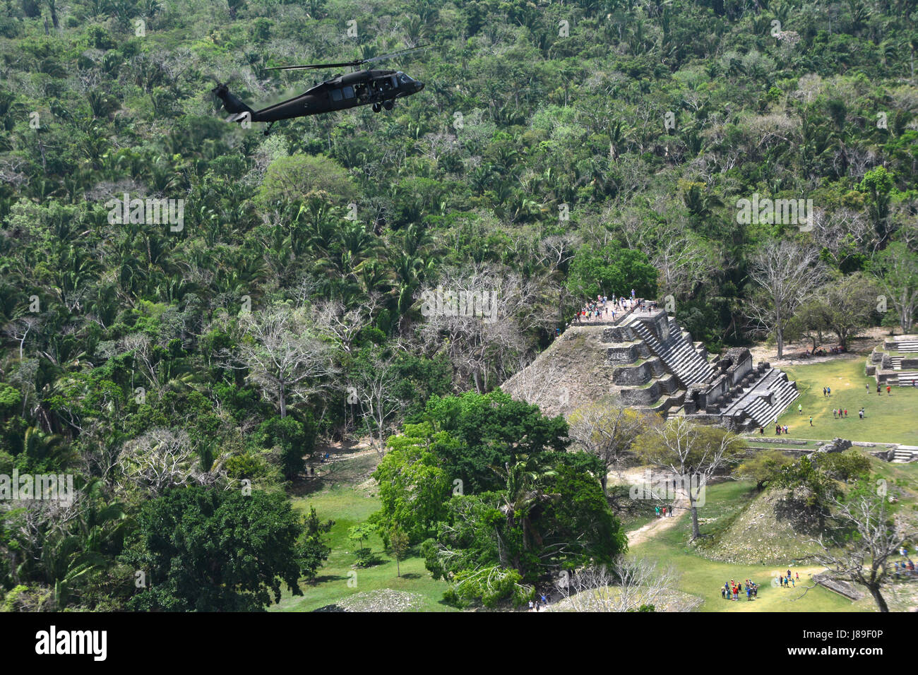 Les hélicoptères Black Hawk UH-60 avec le 1-150ème bataillon d'hélicoptères d'assaut, New Jersey Army National Guard, volent au-dessus de l'Altun Ha ruines mayas, situé au Belize le 5 mai 2017. Le 1-150e a fourni un appui pour l'aviation au-delà de l'horizon 2017 - Belize y compris transport de personnel pour les sites de travail, ainsi que l'évacuation médicale. 2017 BTS est un partenariat entre le Gouvernement du Belize et du U.S. Southern Command qui fournira trois événements service médical libre et cinq projets de construction dans tout le pays du Belize à partir du 25 mars jusqu'au 17 juin. (U.S Army National Guard photo de 1 Banque D'Images