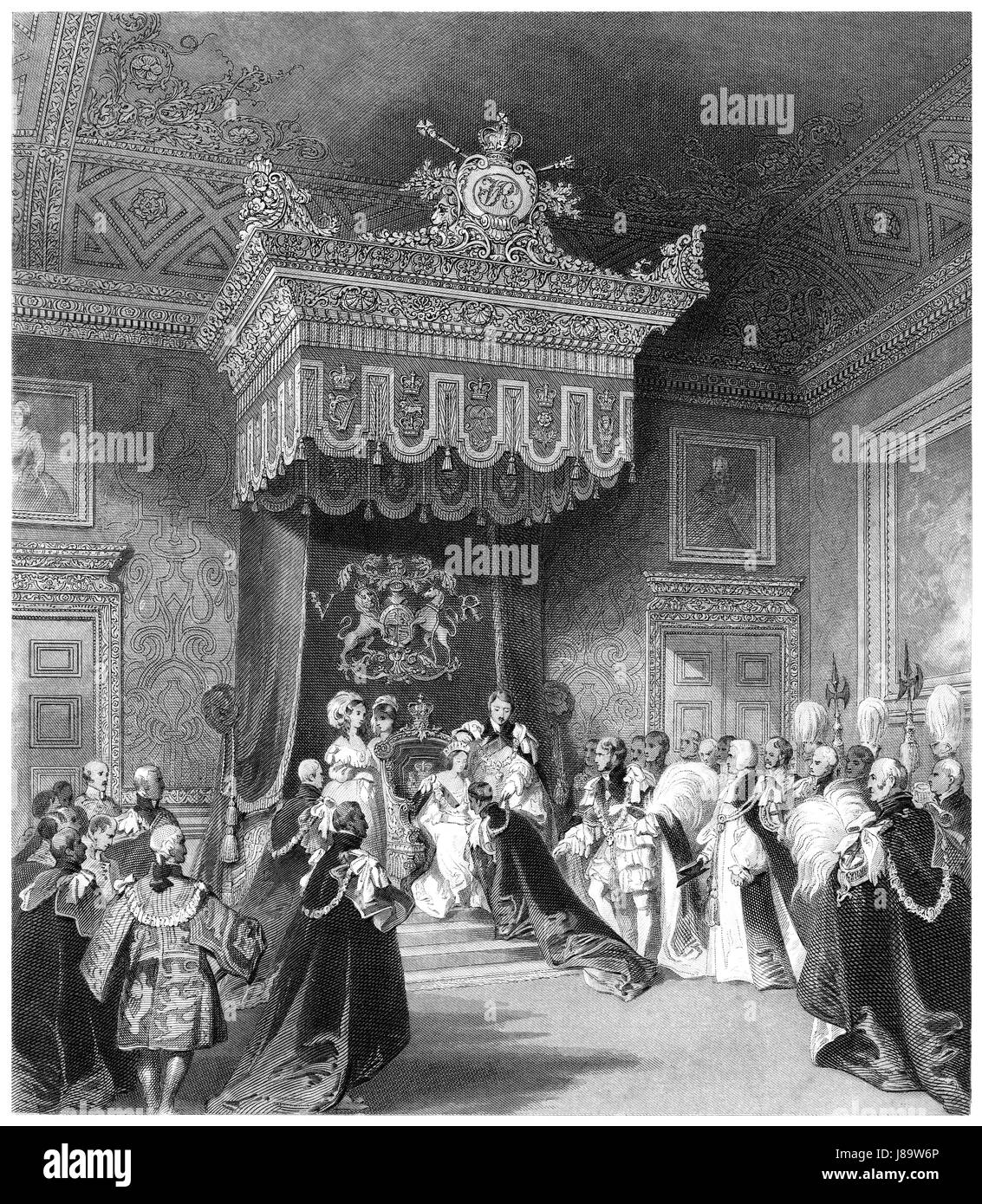 Gravure victorienne de l'investiture par la reine Victoria d'un Chevalier du Garter dans la salle du Trône du Palais Saint-James, Londres. Banque D'Images