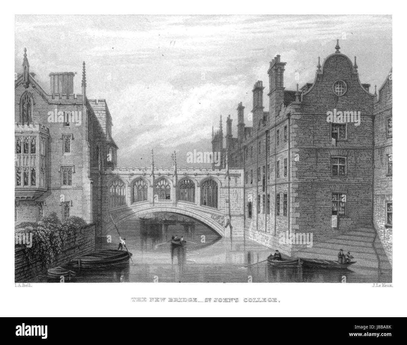 La gravure de Cambridge réalisée par LeKeux en 1840, plus précisément du Collège John's et du Pont des Soupirs, met en valeur une vue architecturale emblématique. L'image capture la grandeur et l'importance historique de ce monument emblématique de Cambridge. Banque D'Images