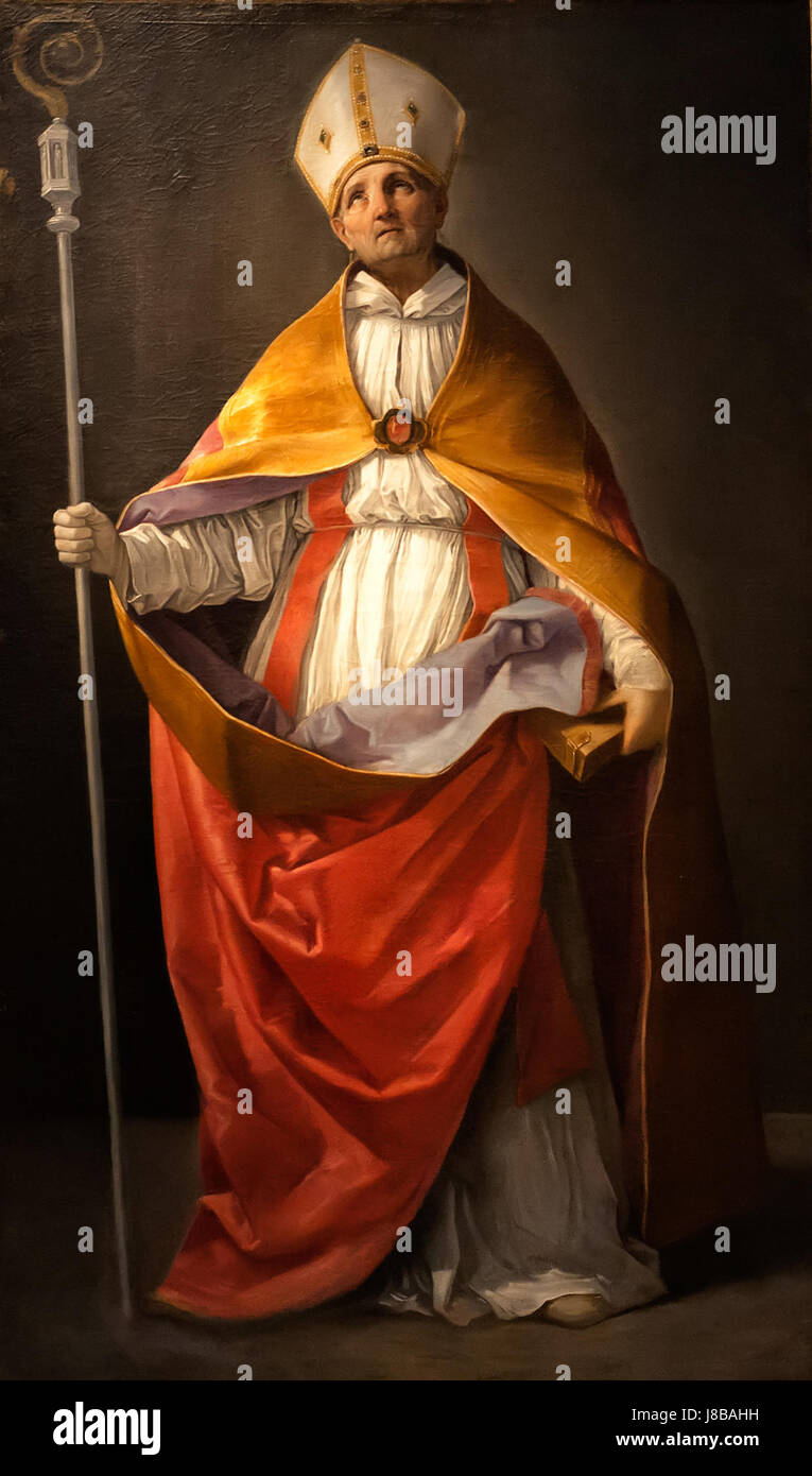 La peinture de Guido Reniâ€ ™ 'Sint Andreas Corsini' (1639), exposée à la Pinacothèque Nazionale de Bologne, est une œuvre d'art baroque importante réputée pour sa technique magistrale et son sujet religieux. Banque D'Images