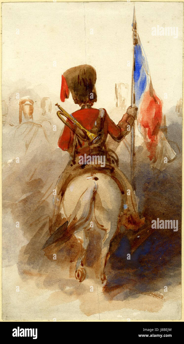 Cette aquarelle, attribuée à l'artiste français Paul Gavarni, représente un trompettiste de cavalerie, mettant en valeur la vie militaire et l'habileté de Gavarniâ à capturer des figures dynamiques. Banque D'Images