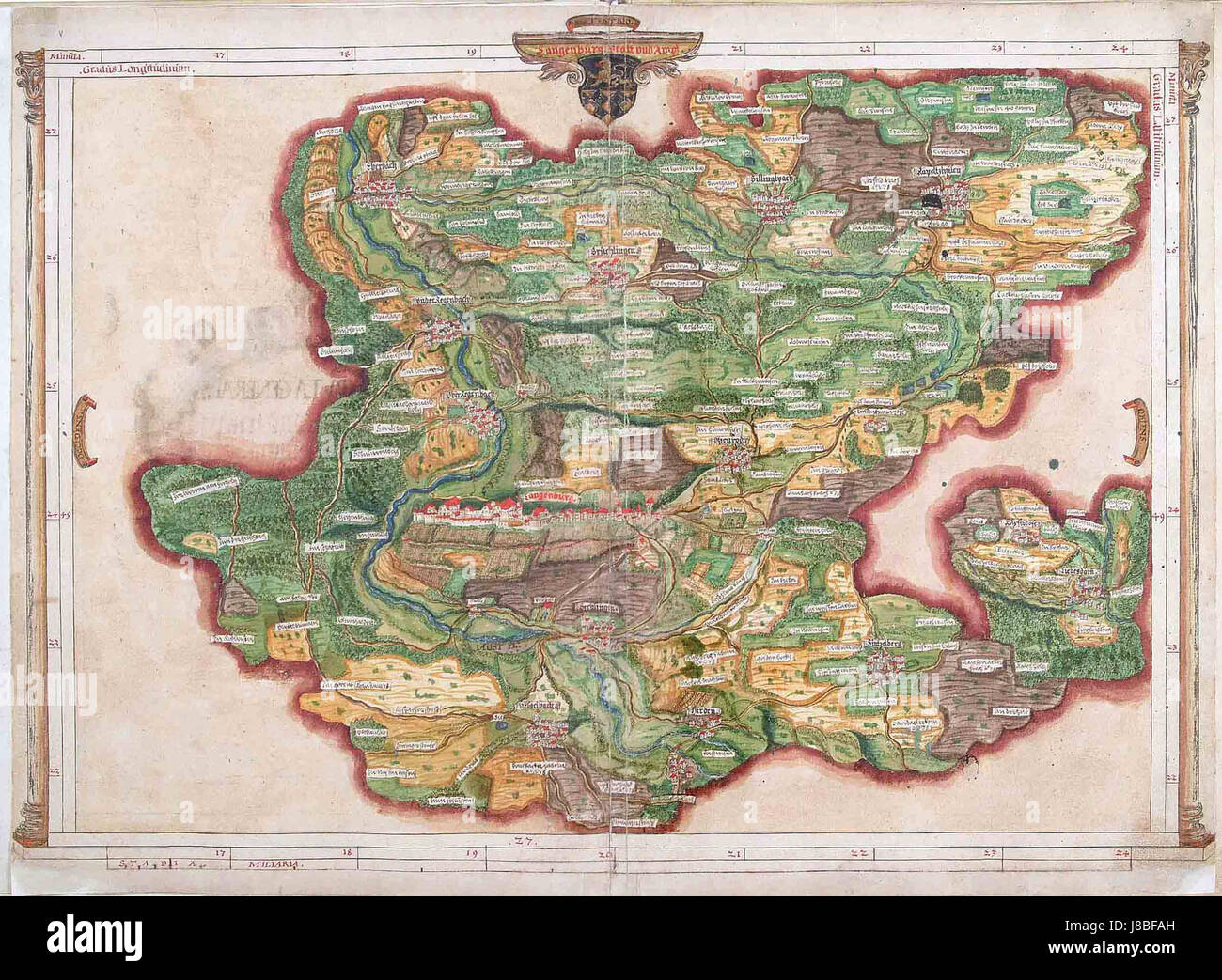Langenburg und Umgebung 1578 fait référence à une carte historique ou à une représentation de Langenburg et de ses environs en 1578. Ce travail offre une vue sur l'Allemagne du XVIe siècle et sa géographie locale. Banque D'Images
