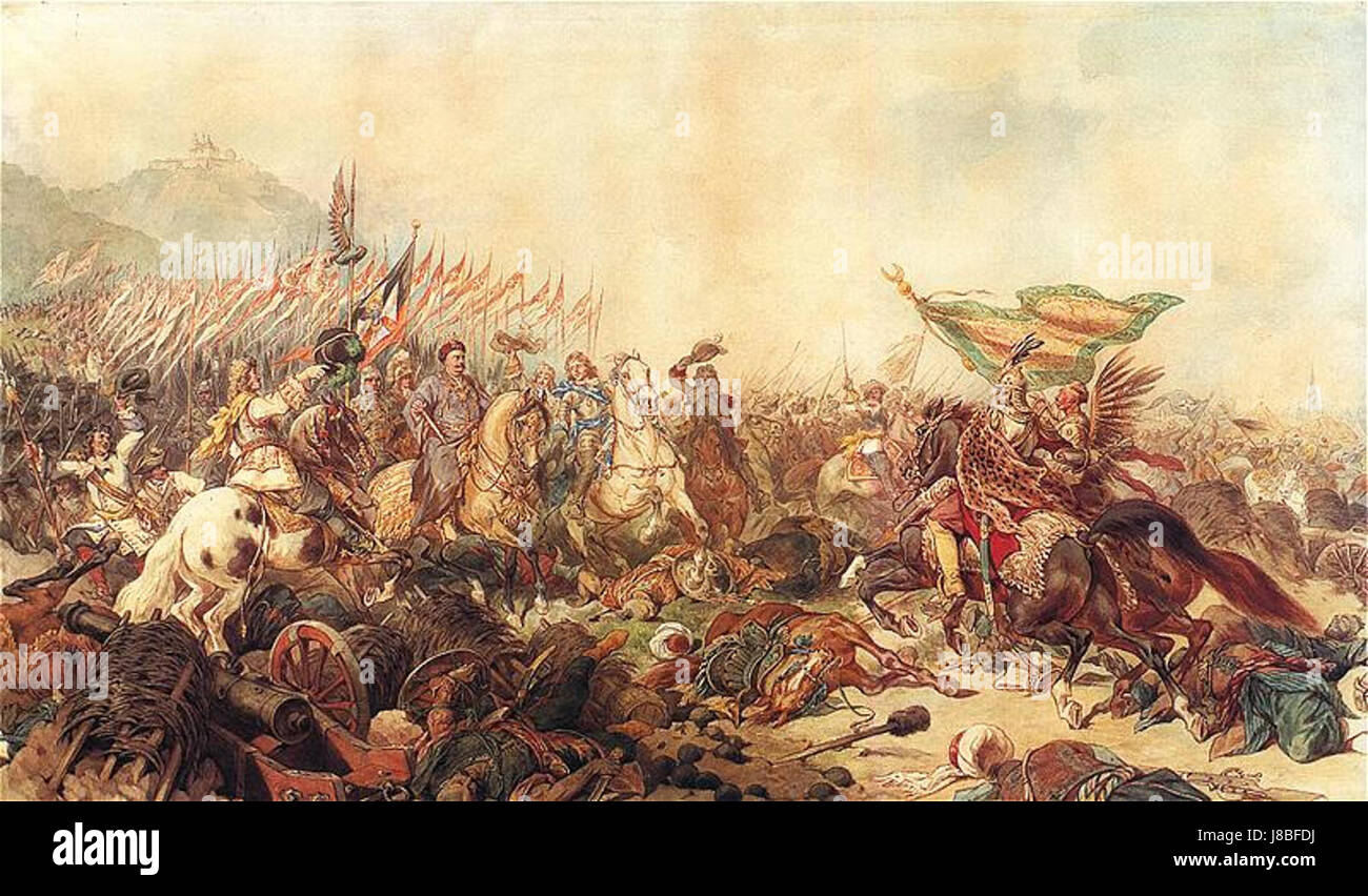 La peinture de Juliusz Kossak Sobieski pod Wiedniem représente la bataille de Vienne en 1683, où le roi Jan III Sobieski a mené une campagne victorieuse contre l'Empire ottoman. Banque D'Images