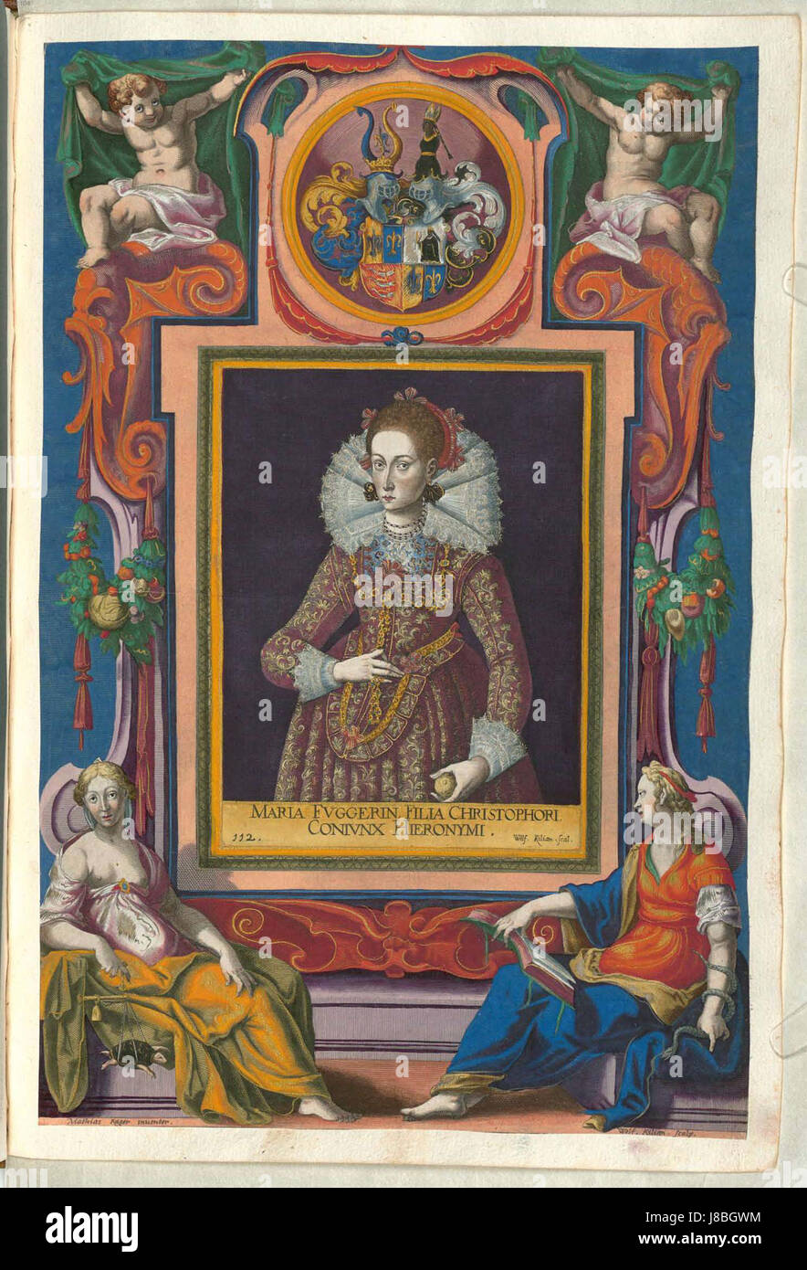 Cette image fait partie d'une collection intitulée 'Fuggerorum et Fuggerarum imagine', qui représente des portraits de la famille Fugger, banquiers et marchands influents de l'Europe de la Renaissance, mettant l'accent sur leur statut social et leur richesse. Banque D'Images