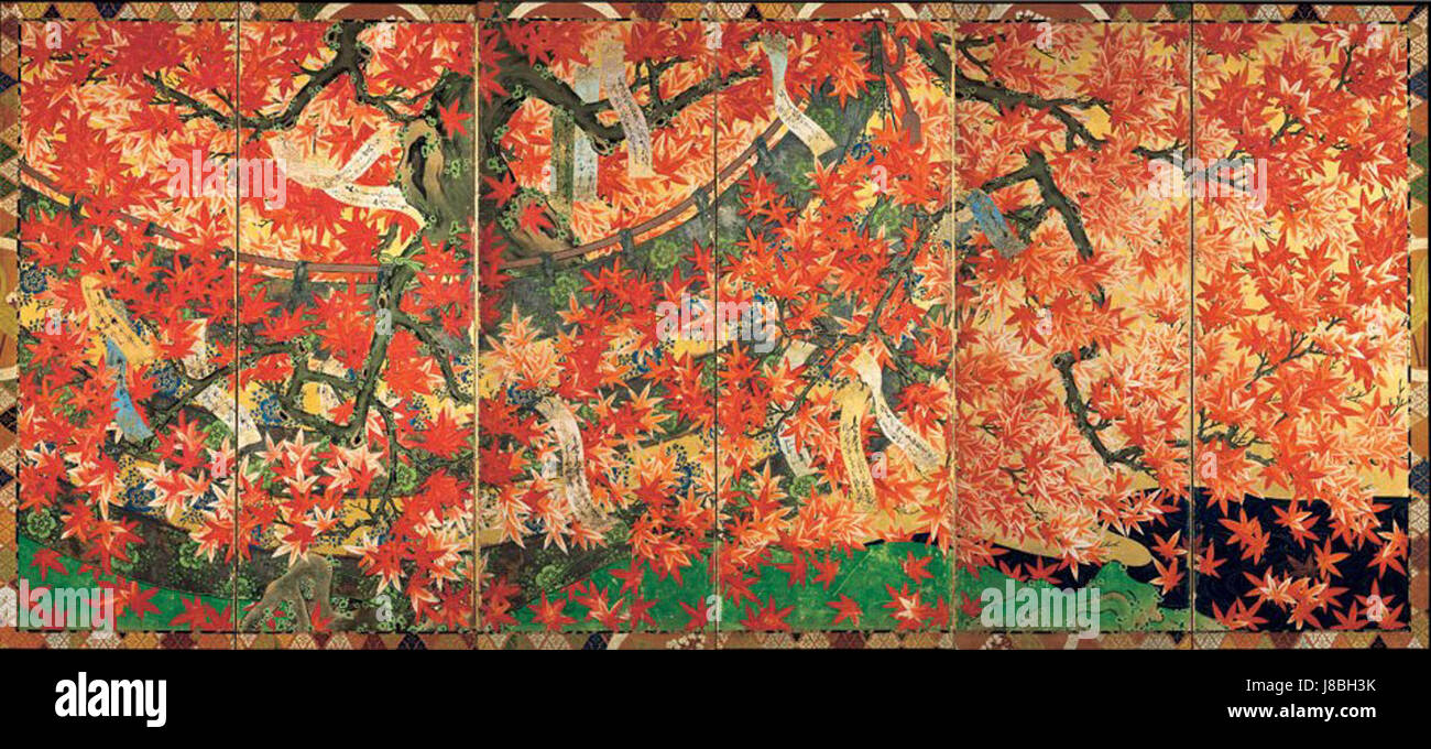 Flowering Cherry et érable avec poème feuillets. Japon, période Edo Banque D'Images