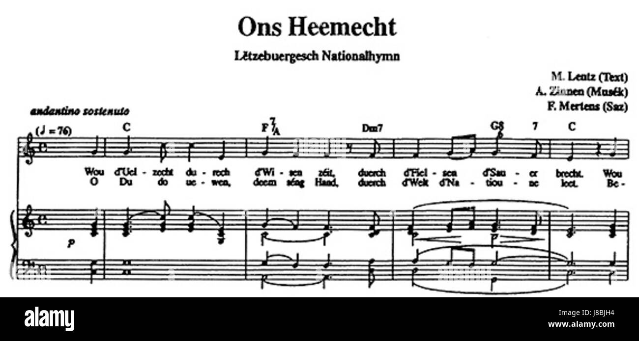 Heemecht est une chanson folklorique traditionnelle luxembourgeoise, souvent interprétée lors d'événements et de célébrations nationaux. Il reflète le patrimoine culturel et la fierté nationale du Luxembourg. Banque D'Images