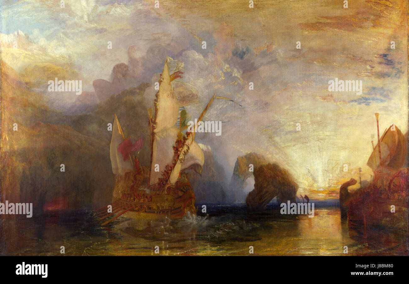 Joseph Mallord William Turner, célèbre peintre romantique anglais, est connu pour sa maîtrise de la lumière, de la couleur et de l'atmosphère dans la peinture de paysage. Son travail, particulièrement axé sur les paysages marins et les effets de la météo, a grandement influencé les artistes ultérieurs et le mouvement impressionniste. Banque D'Images