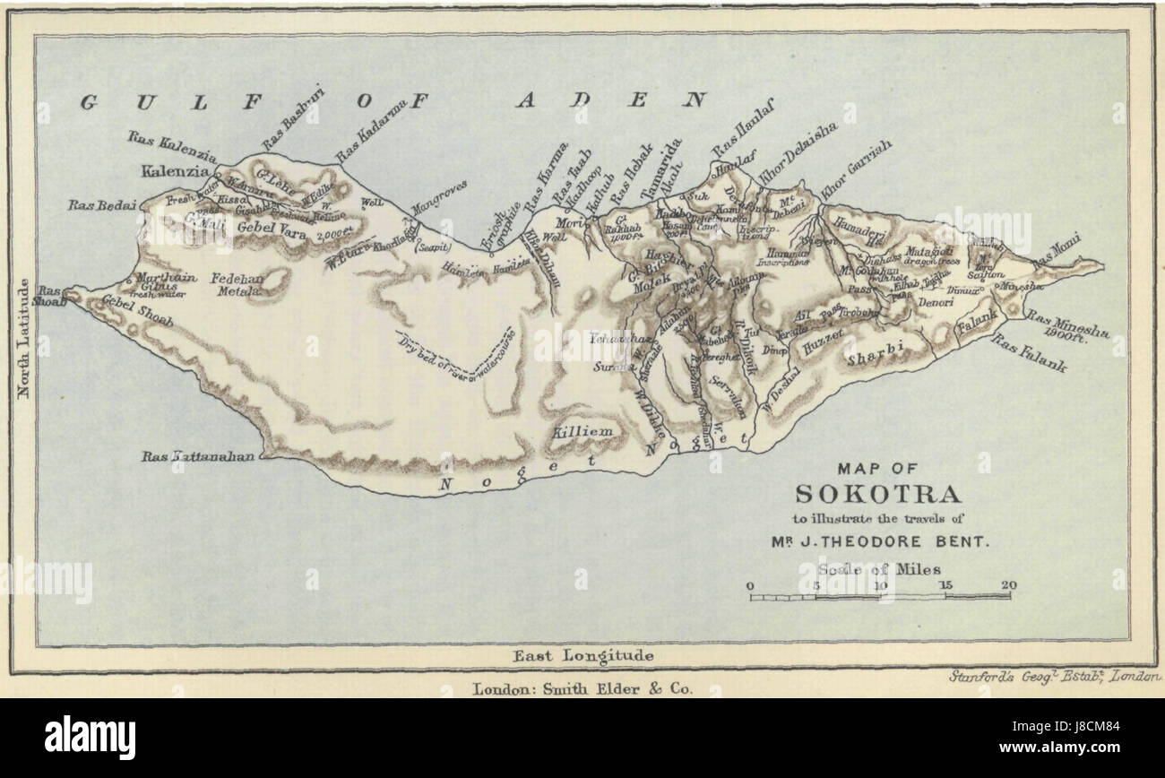 Une carte de Sokotra, illustrant les explorations de Theodore Bent, mettant en valeur les caractéristiques géographiques et l'importance historique de l'île au cours de ses explorations. Banque D'Images