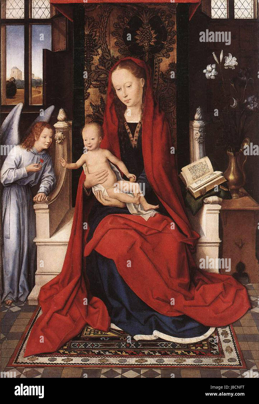 'Memling Virgin introned with Child and Angel' est une peinture religieuse de Hans Memling, représentant la Vierge Marie assise sur un trône avec le Christ enfant et un ange, mettant en valeur l'art religieux détaillé de la Renaissance du Nord. Banque D'Images