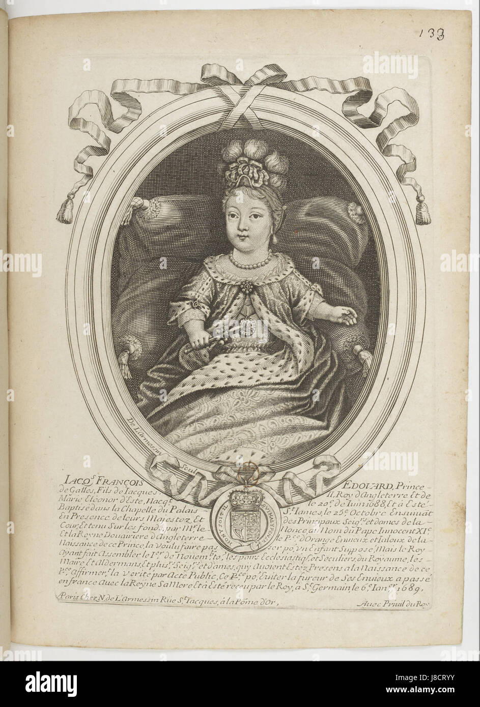 Cette estampe de Nicolas de Larmessin représente Jacques Edouard Stuart, prince de Galles, dans une gravure détaillée et finement travaillée. La pièce offre un aperçu historique de la famille royale Stuart au XVIIe siècle. Banque D'Images