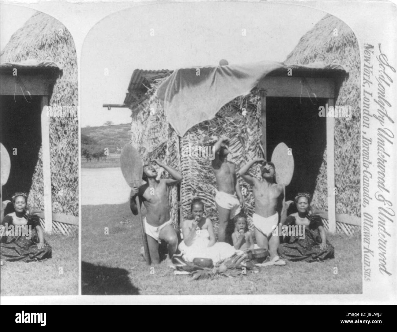 Cette photographie montre un groupe d'indigènes des îles hawaïennes mangeant du poi, un plat traditionnel hawaïen à base de racine de taro, devant une cabane en herbe, reflétant la culture indigène de islandâ€™s. Banque D'Images
