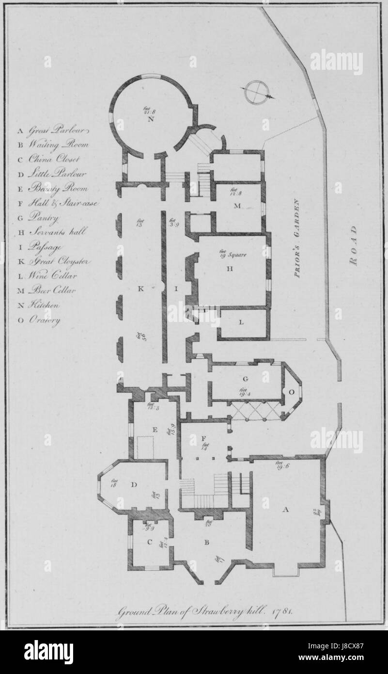 Le plan du sol de Strawberry Hill (1781) est un plan architectural détaillé de la célèbre maison néo-gothique Horace Walpoleâ à Twickenham, en Angleterre, illustrant le design distinctif de l'époque. Banque D'Images
